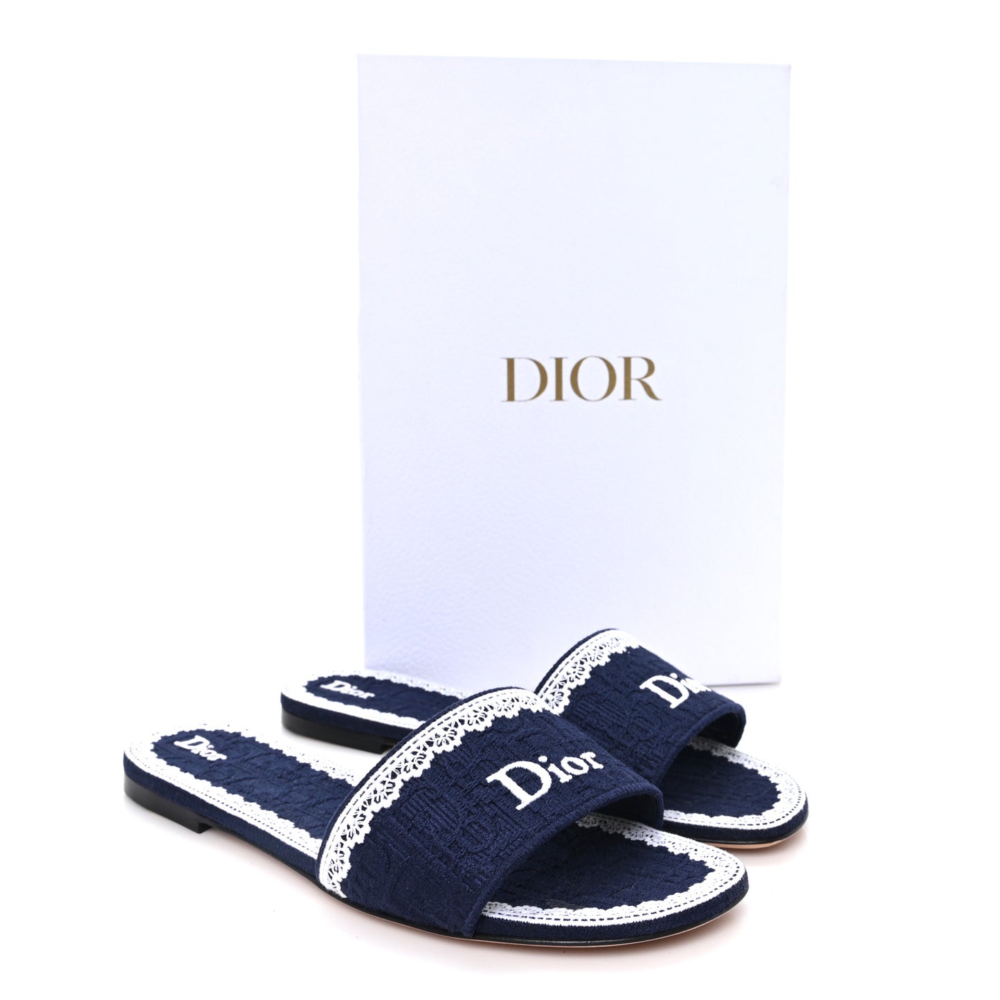 Oblique Embroidered Cotton Lace Dentelle Flat Slide Sandals 39 Navy Blue White