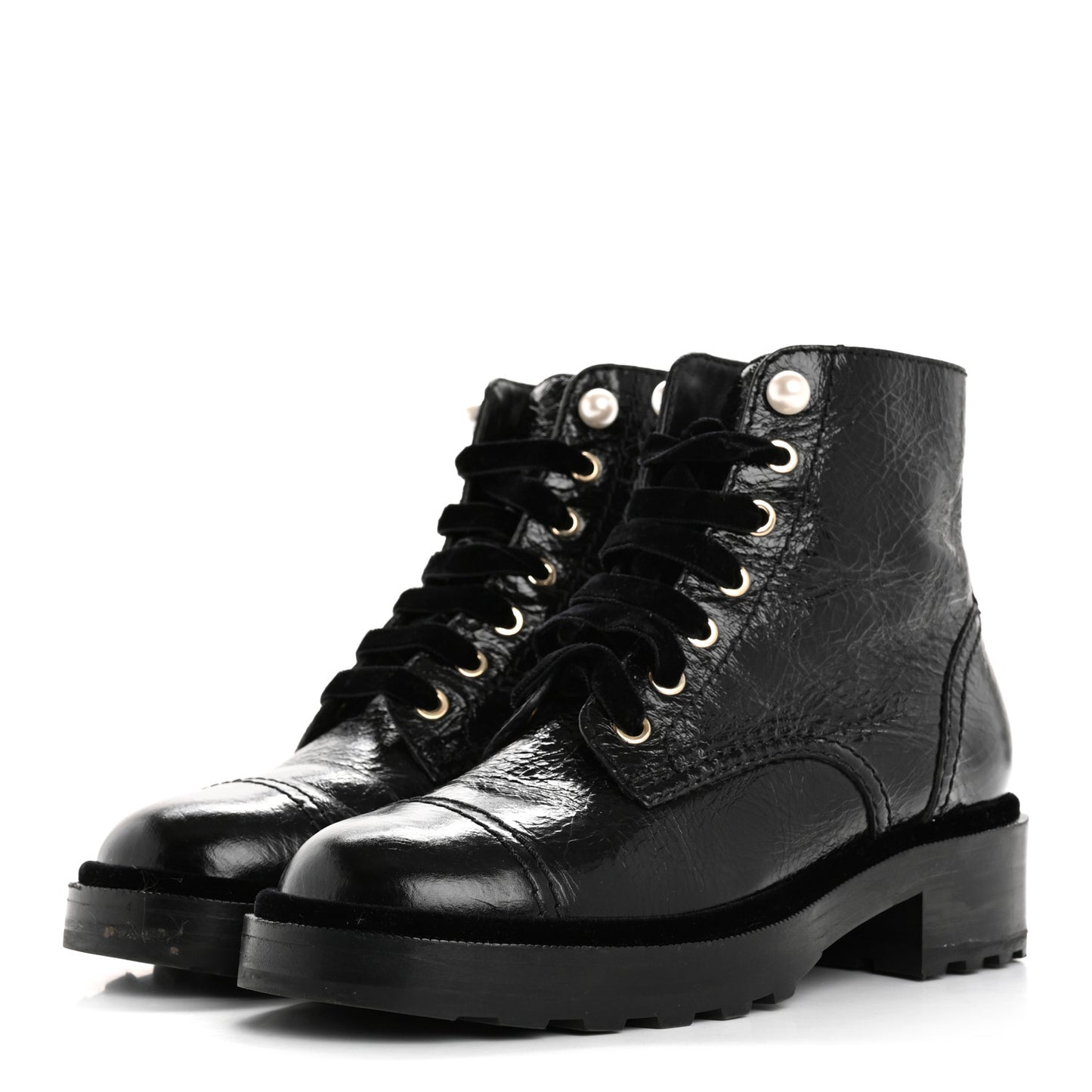 Shiny Calfskin Velvet Pearl Combat Short Boots 37.5 Black