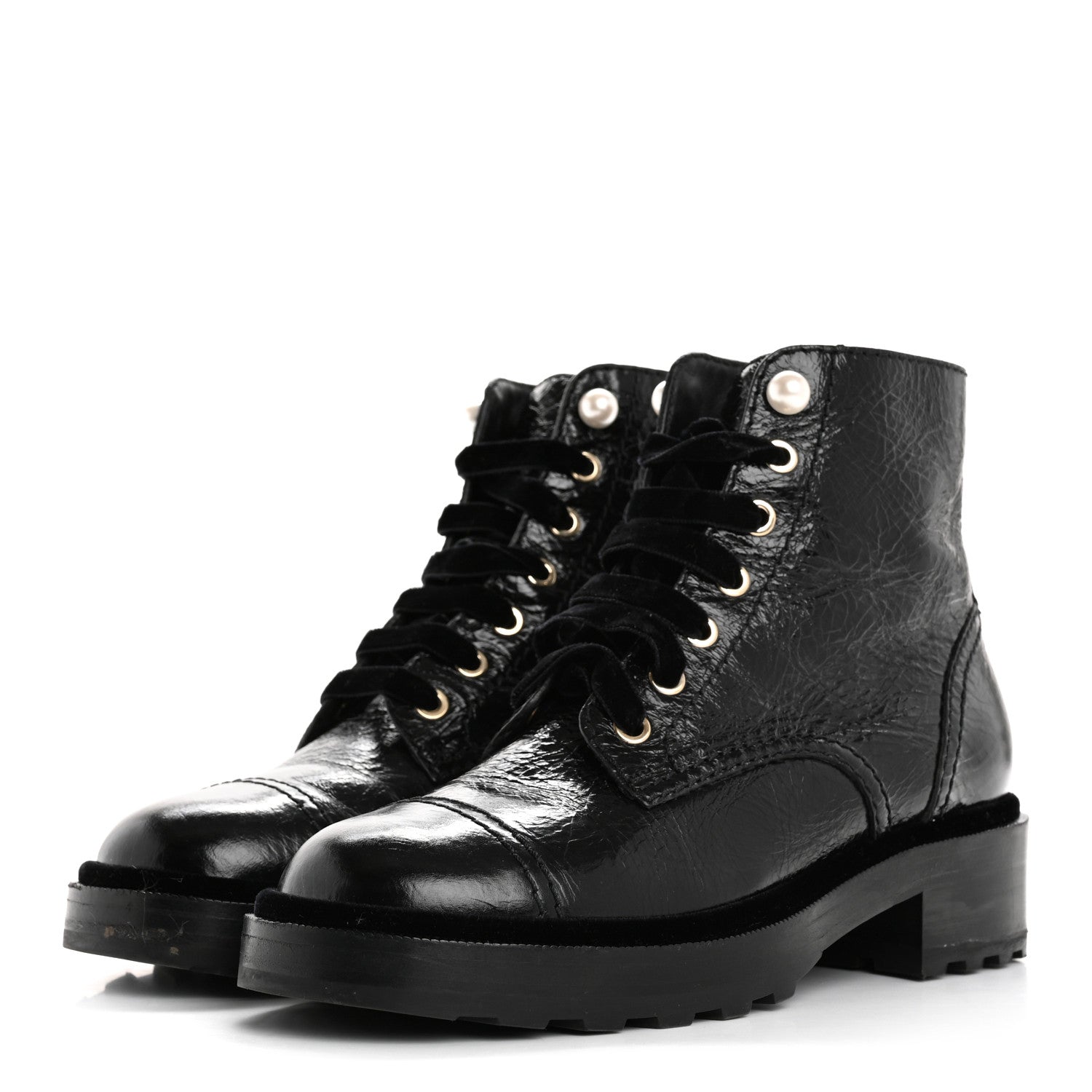 Chanel Shiny Calfskin Velvet Pearl Combat Short Boots 37.5 Black 4 of 13