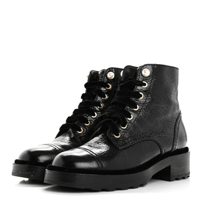 Chanel Shiny Calfskin Velvet Pearl Combat Short Boots 37.5 Black 4 of 13