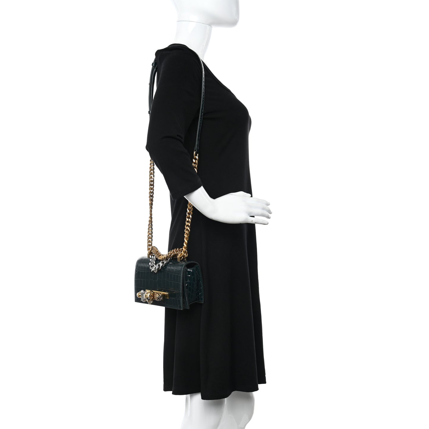 Calfskin Crocodile Embossed Knuckle Shoulder Bag Emerald