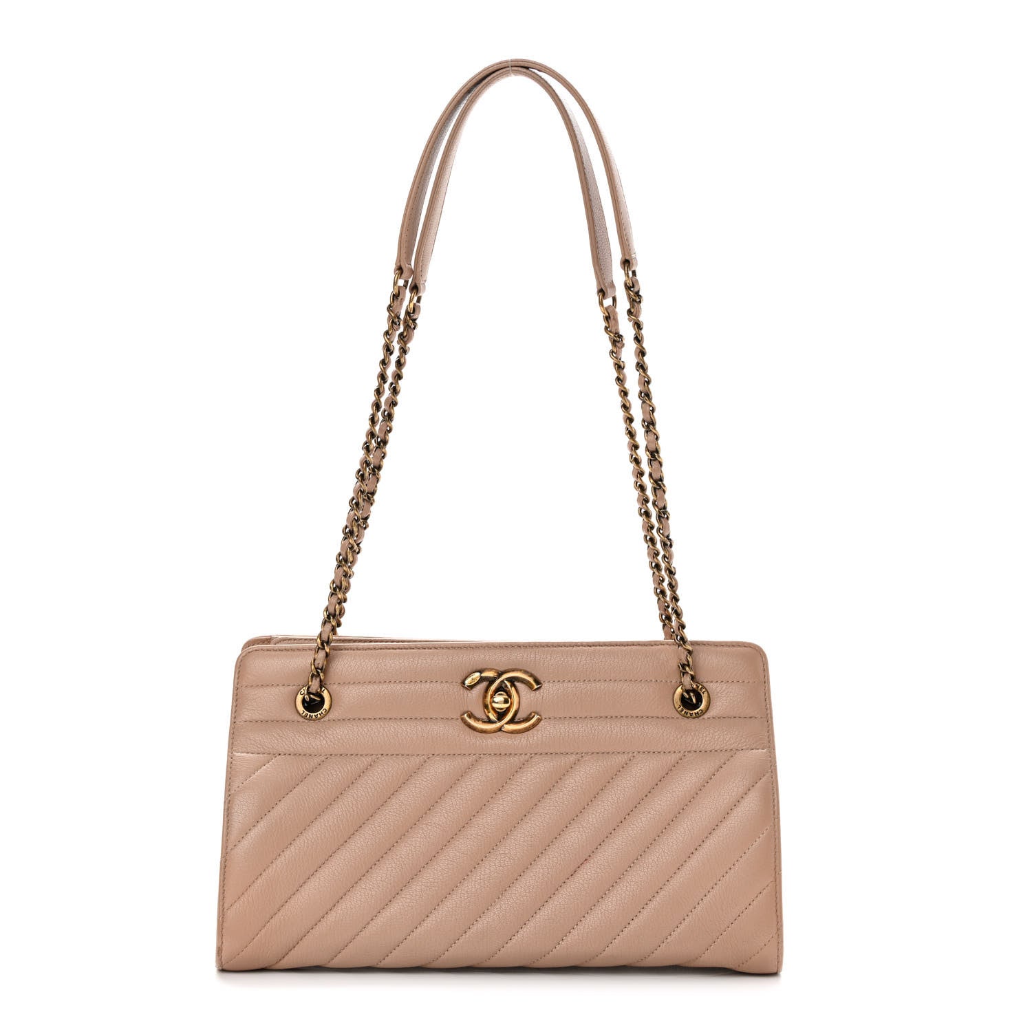 Chanel Shiny Goatskin Diagonal Quilted Shoulder Bag Beige 1 of 14