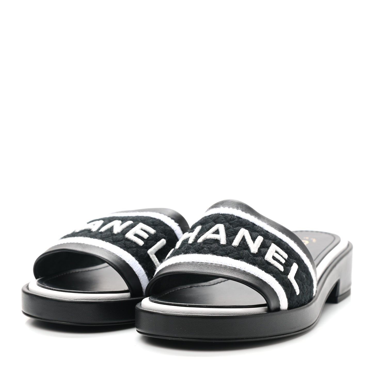 Lambskin Embroidered CC Mule Sandal 38 Black White