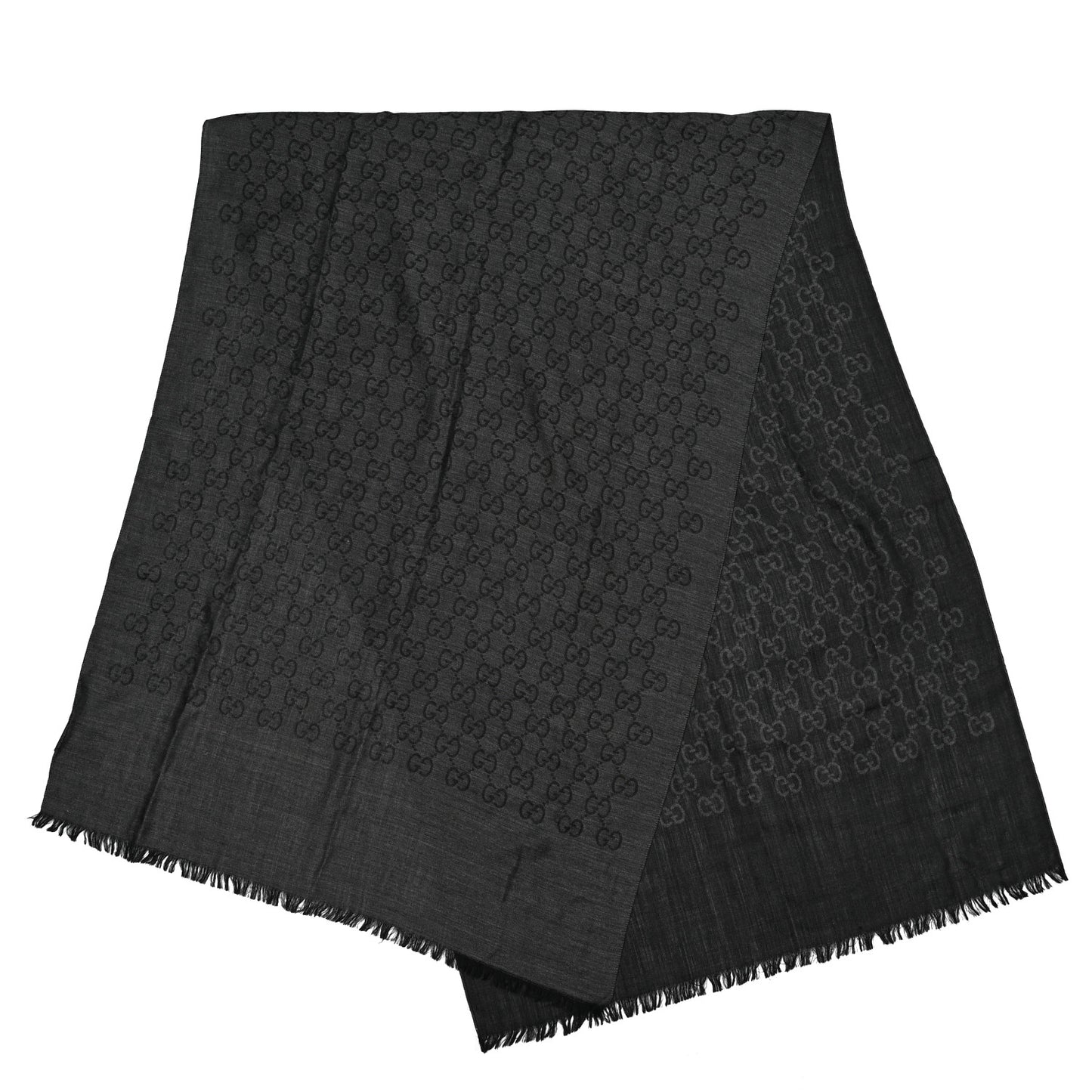 Wool Silk Jacquard Monogram Fringe Scarf Anthracite Black