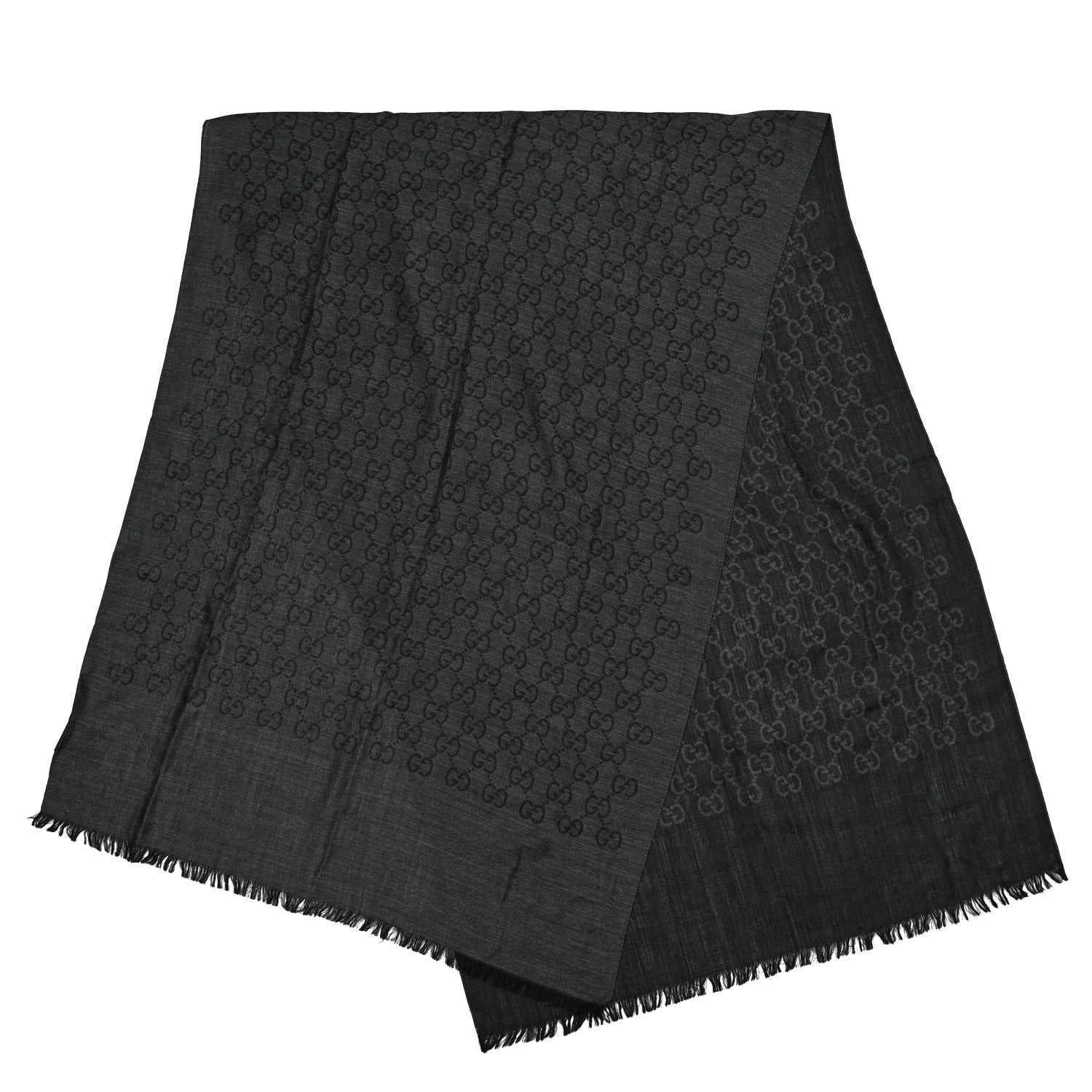 Gucci Wool Silk Jacquard Monogram Fringe Scarf Anthracite Black 2 of 4