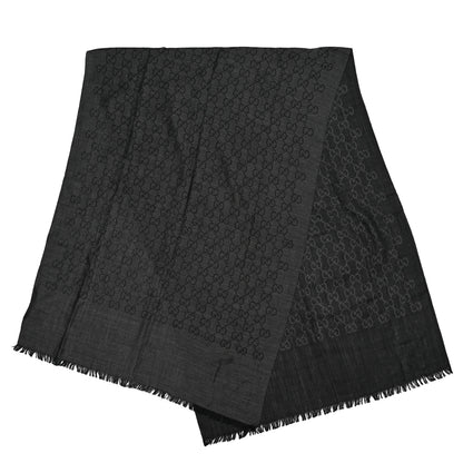Gucci Wool Silk Jacquard Monogram Fringe Scarf Anthracite Black 2 of 4