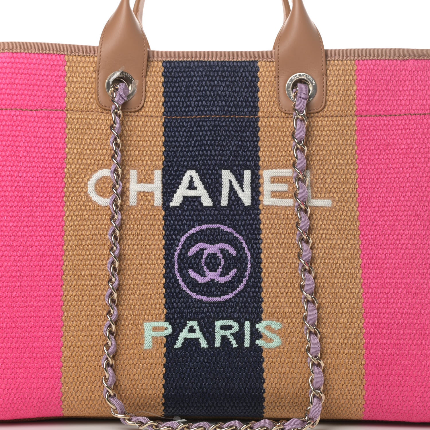 Chanel Straw Raffia Calfskin Striped Medium Deauville Tote Dark Beige Fuchsia Navy Blue 8 of 12