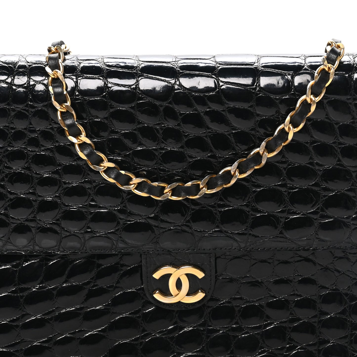 Shiny Crocodile Medium Single Flap Black