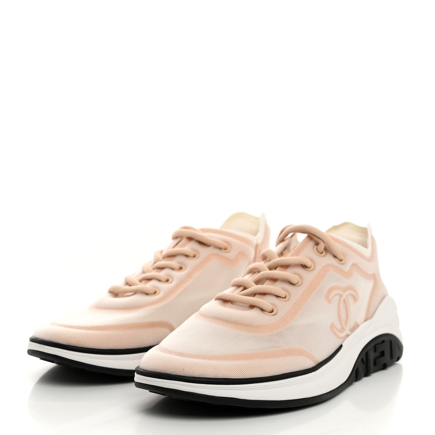 Calfskin Mesh Lyrca Womens Logo Sneakers 39.5 Beige White