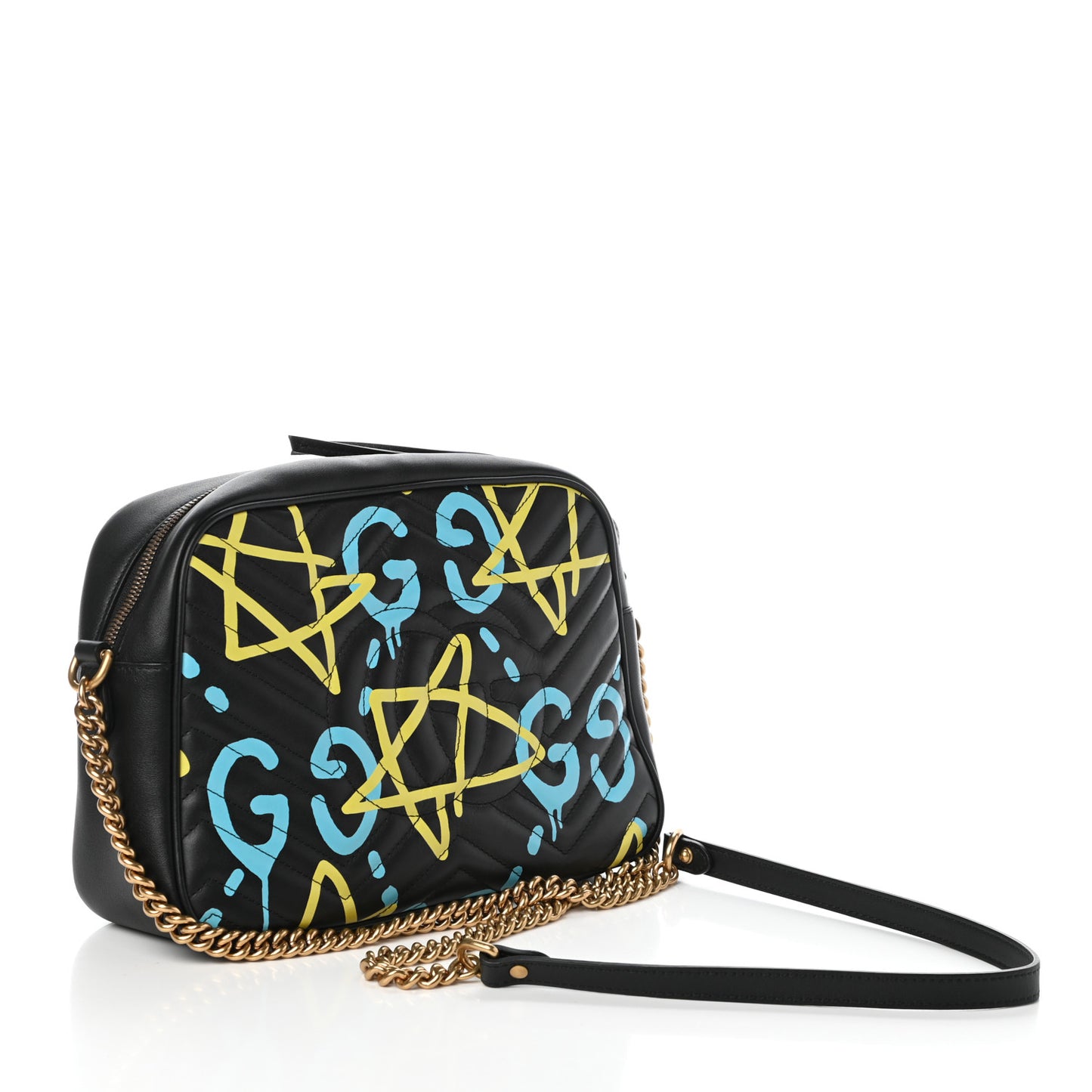 Calfskin Matelasse GucciGhost Medium GG Marmont Chain Shoulder Bag Black New Acquamarine
