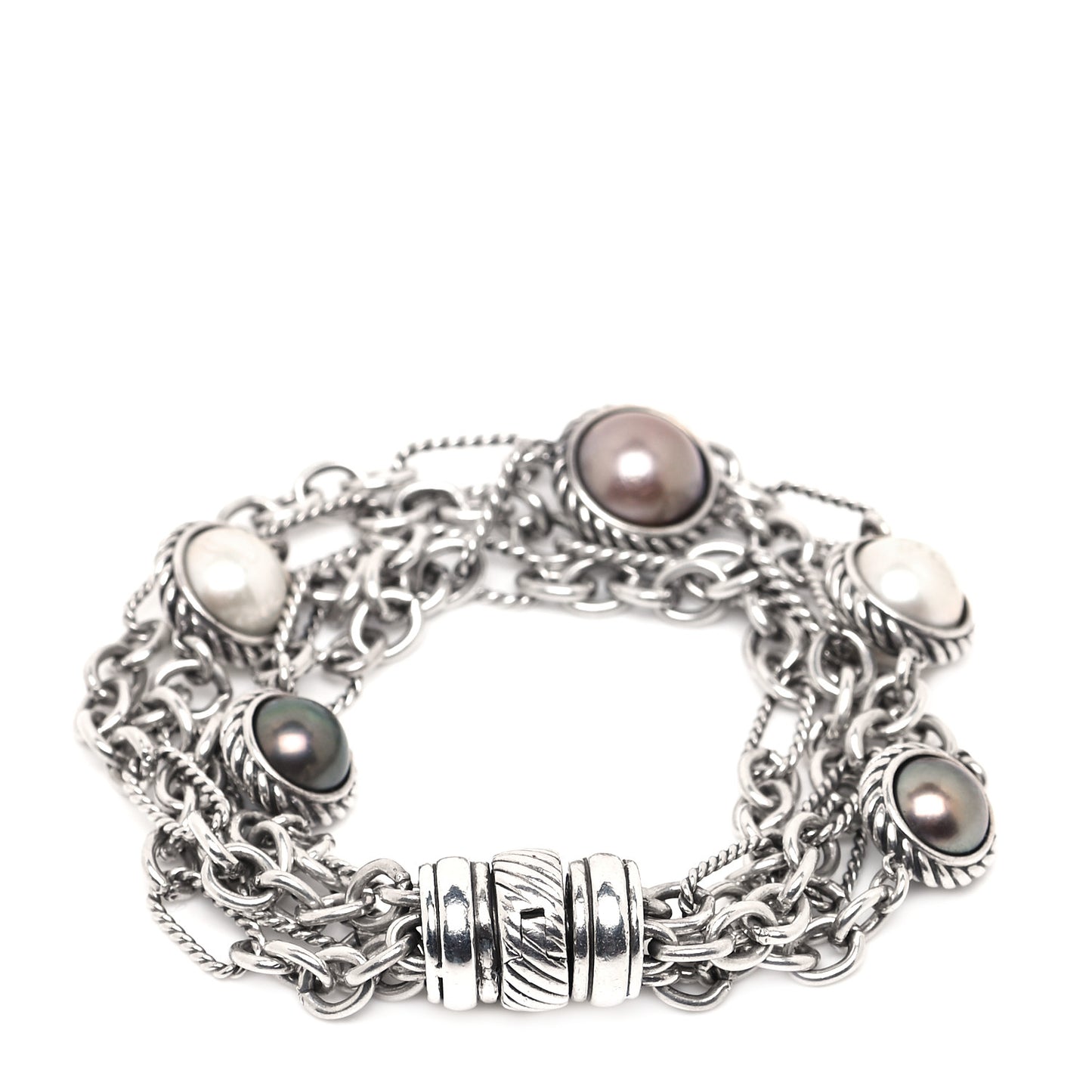 Sterling Silver Pearl Four Row Figaro Bracelet