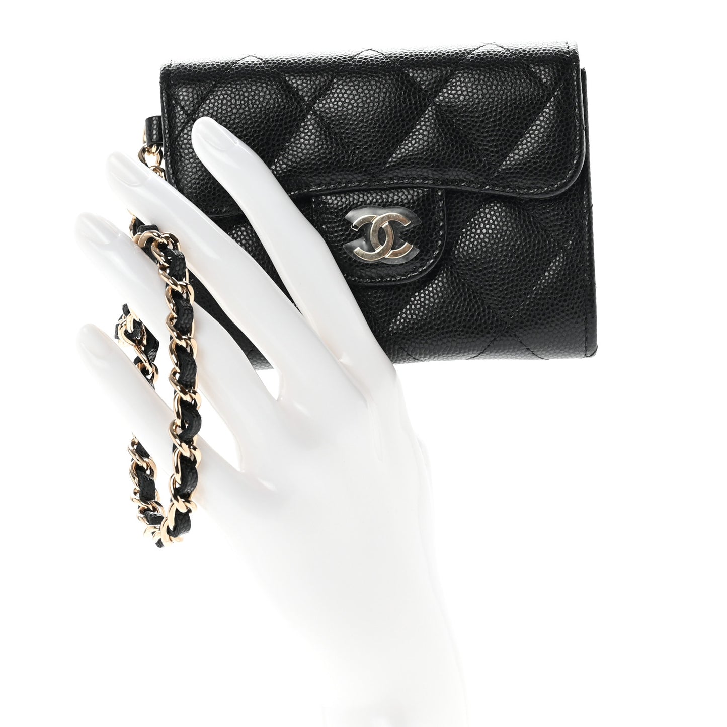 Caviar Quilted Flap Card Holder Chain Wristlet Black