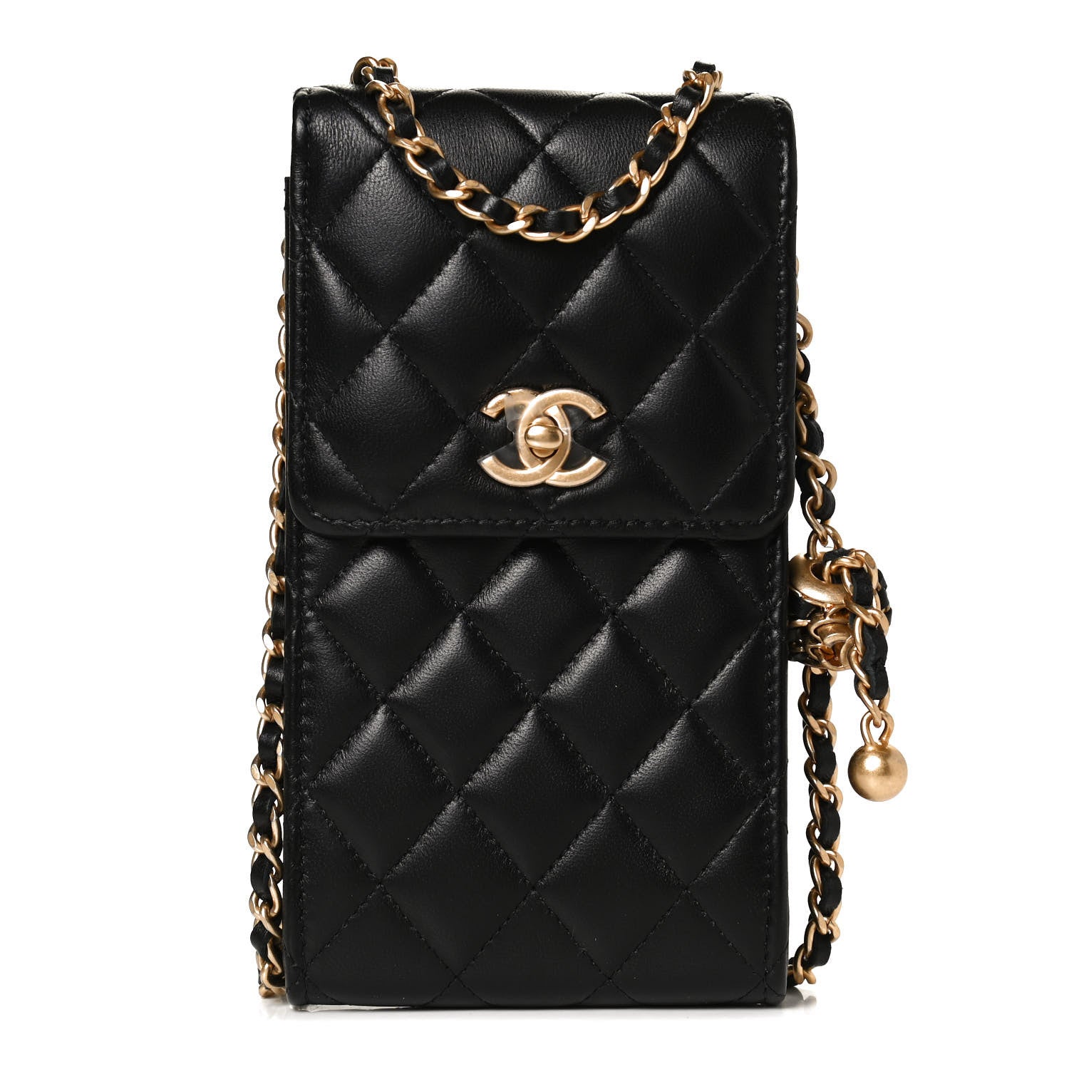 Chanel Lambskin Quilted Pearl Crush Phone Holder With Chain Black 1 of 11