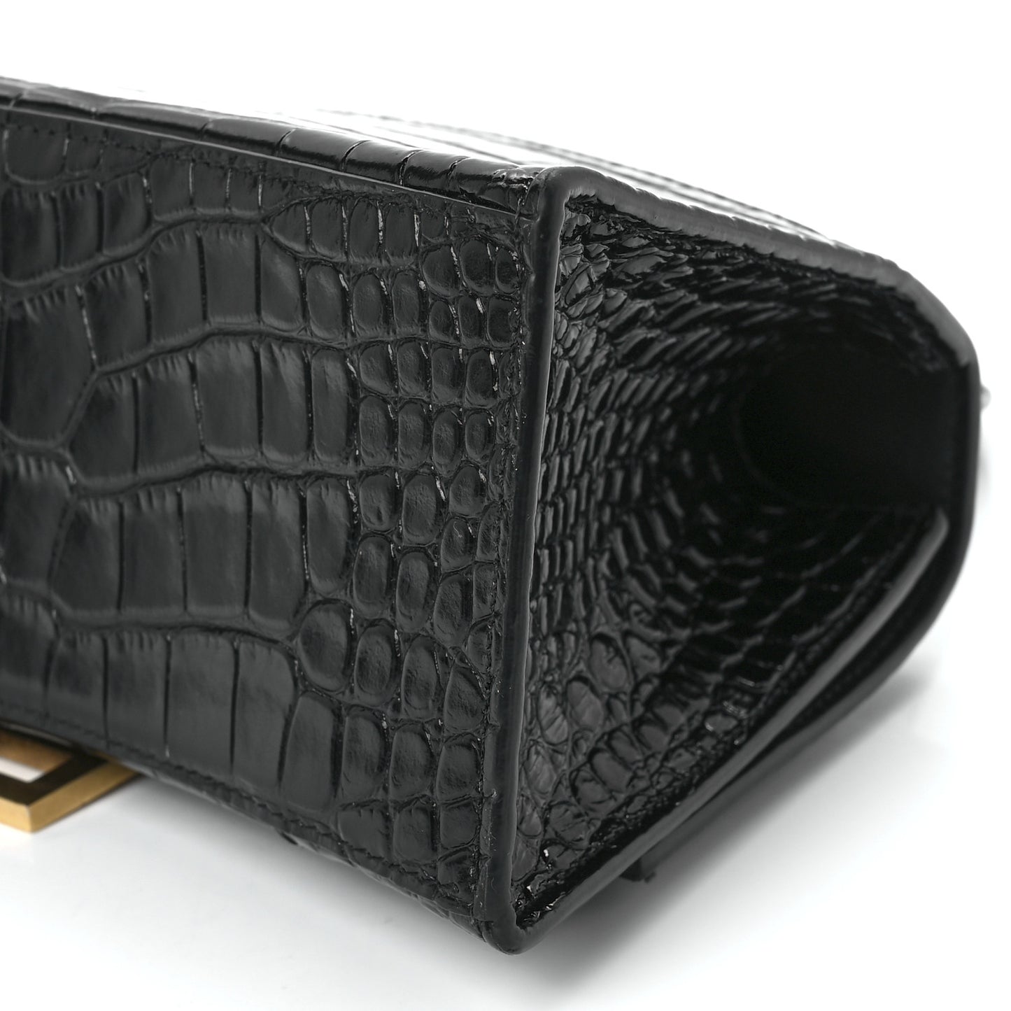Shiny Calfskin Crocodile Embossed Small Hourglass Top Handle Bag Black