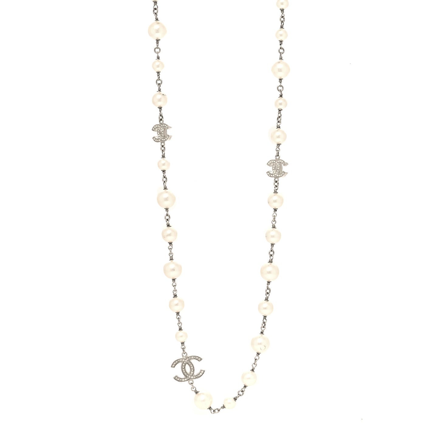 Graduated Pearl Crystal CC Long Necklace Silver
