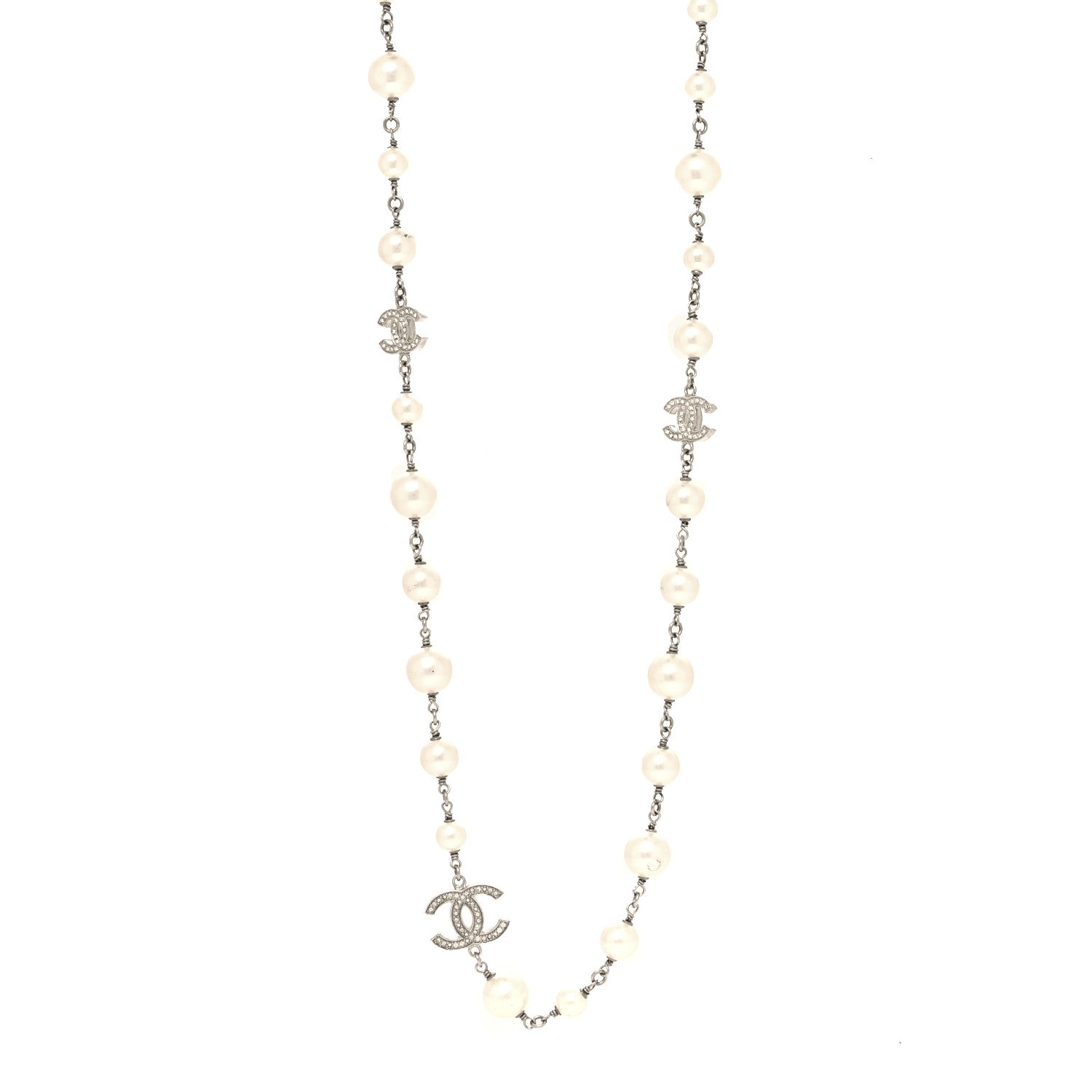Chanel Graduated Pearl Crystal CC Long Necklace Silver 2 of 5