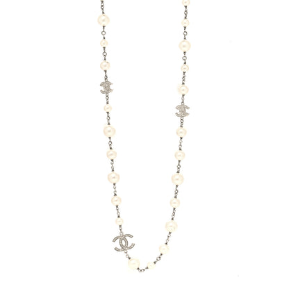 Chanel Graduated Pearl Crystal CC Long Necklace Silver 2 of 5