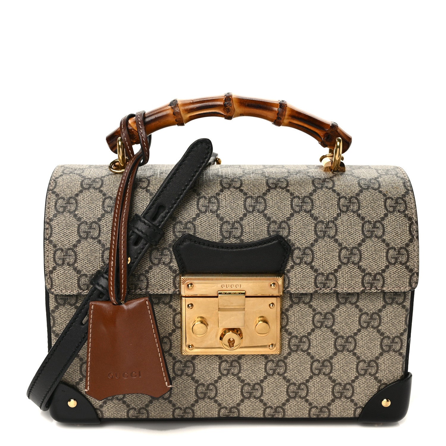 Gucci GG Supreme Monogram Small Padlock Bamboo Shoulder Bag Beige Black Cuir 1 of 8