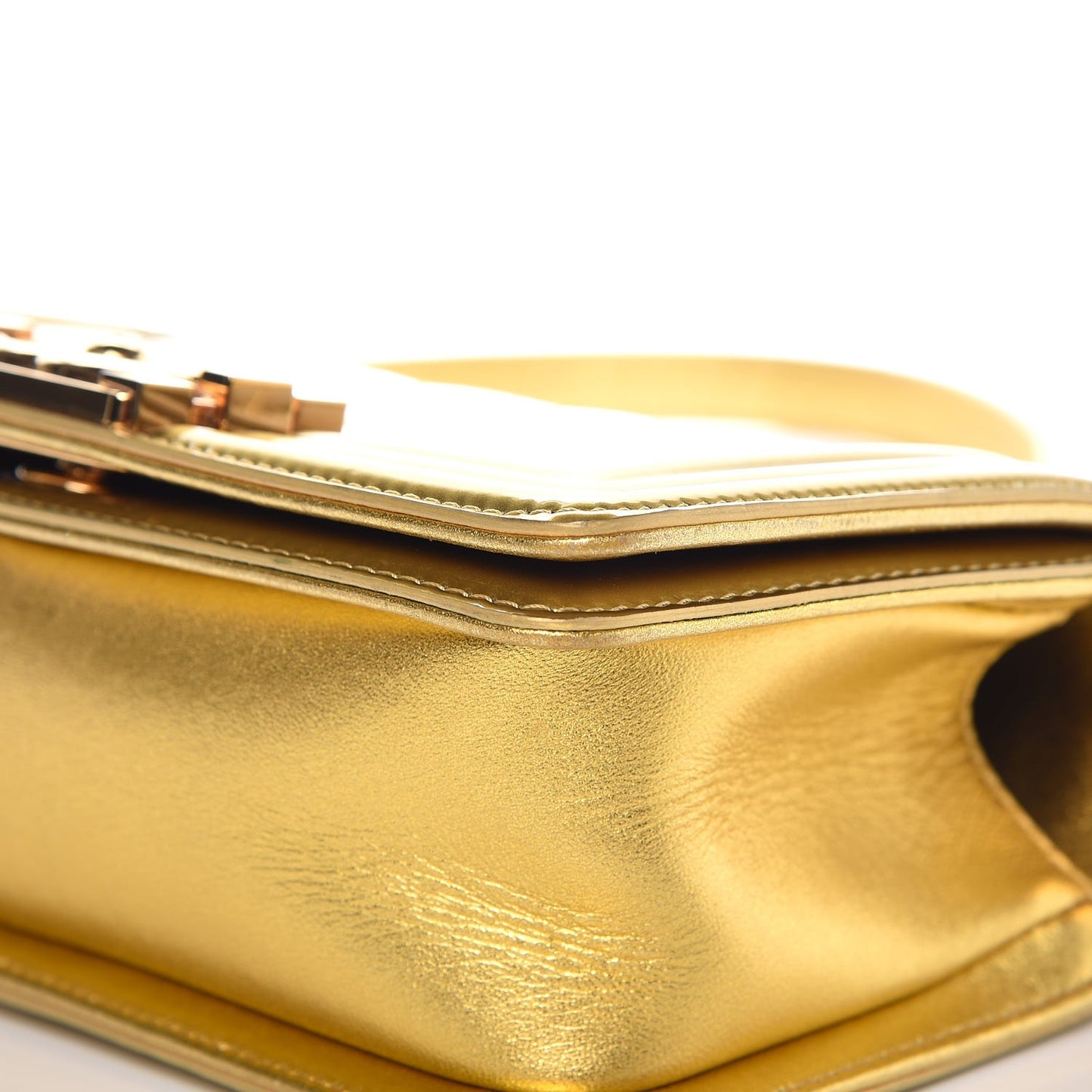Metallic Patent Calfskin Quilted Small Boy Flap Gold