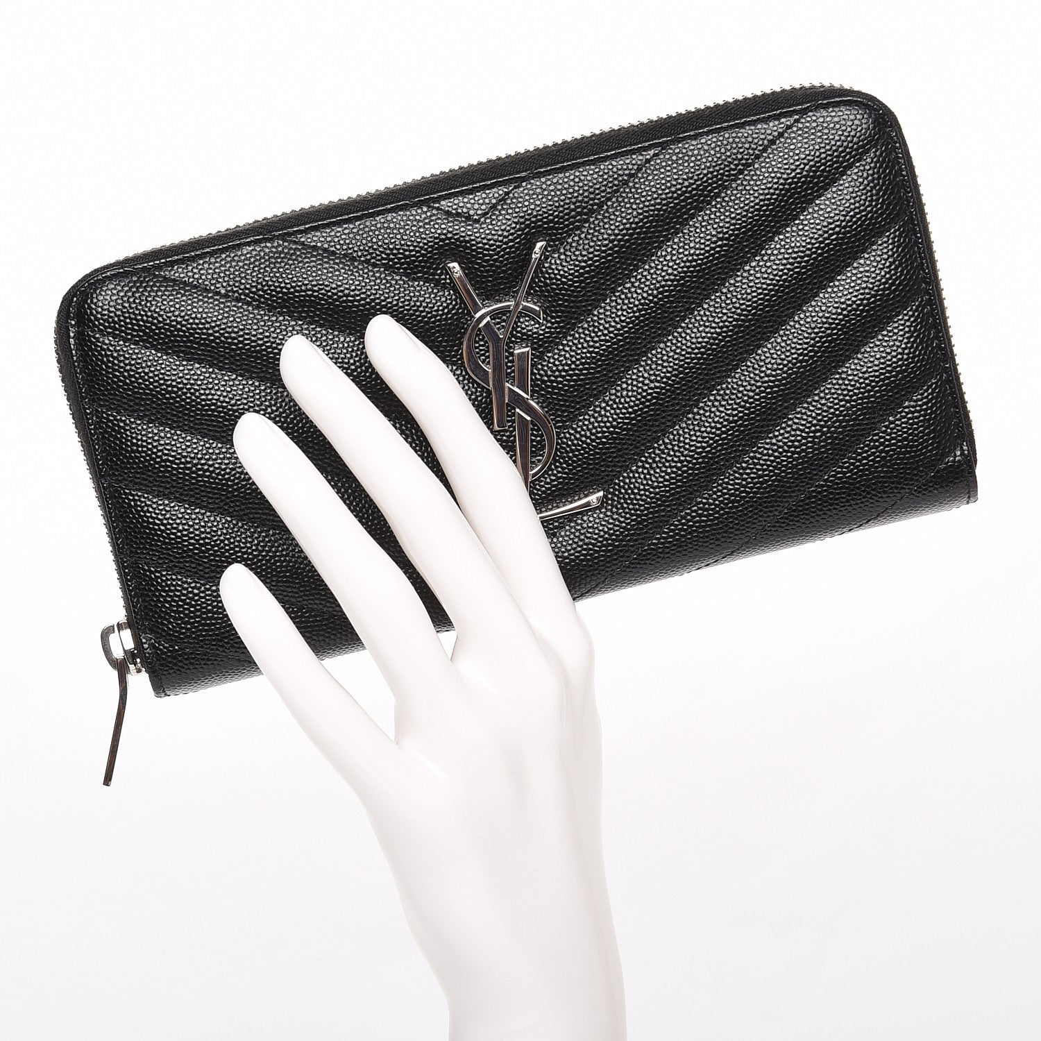 Saint Laurent Grain De Poudre Matelasse Chevron Monogram Zip Around Wallet Black 2 of 6