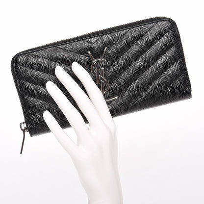 Saint Laurent Grain De Poudre Matelasse Chevron Monogram Zip Around Wallet Black 2 of 6