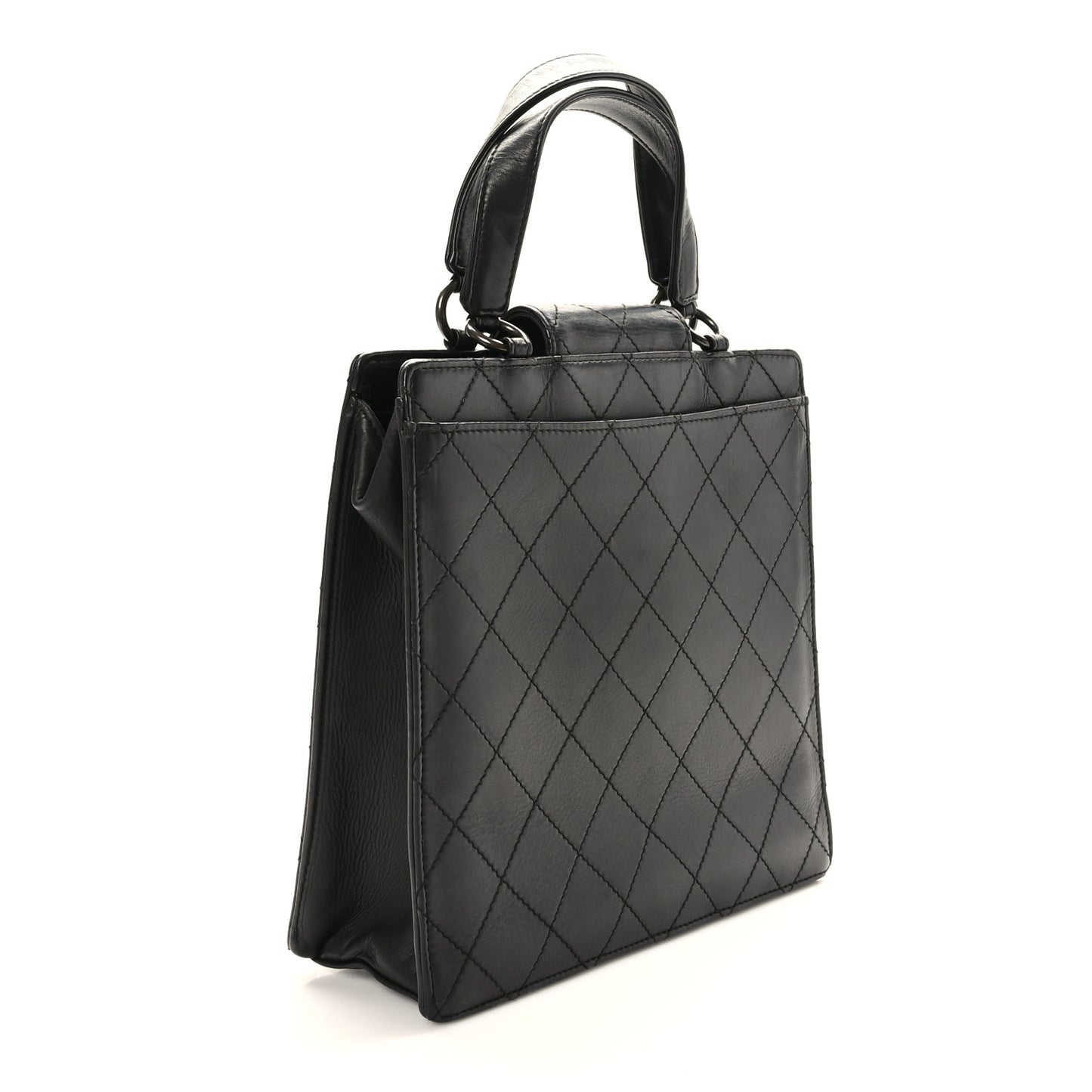 Lambskin Stitched Top Handle Tote Black