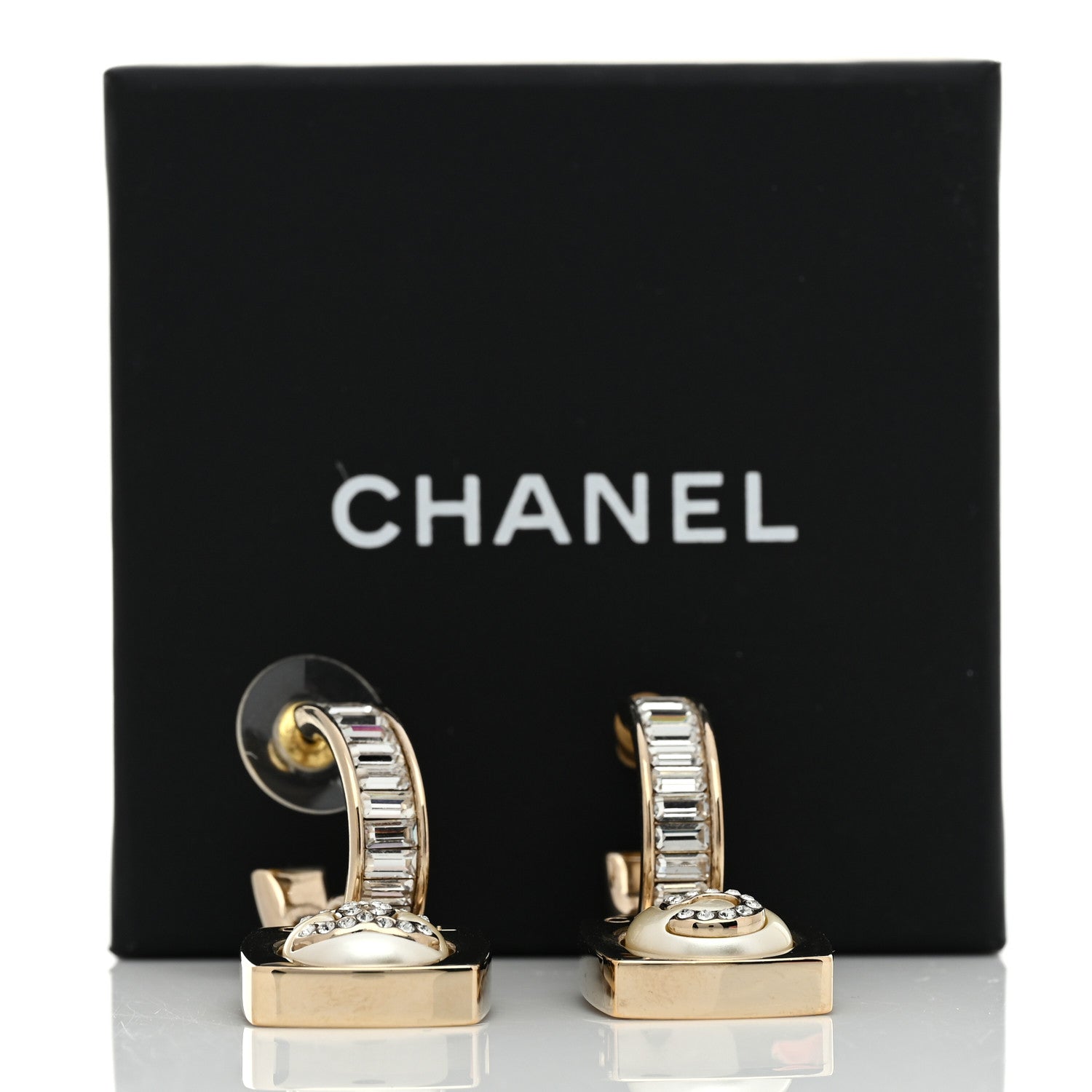 Chanel Pearl Crystal Baguette No 5 Lock Drop Earrings Gold Pearly White 5 of 5
