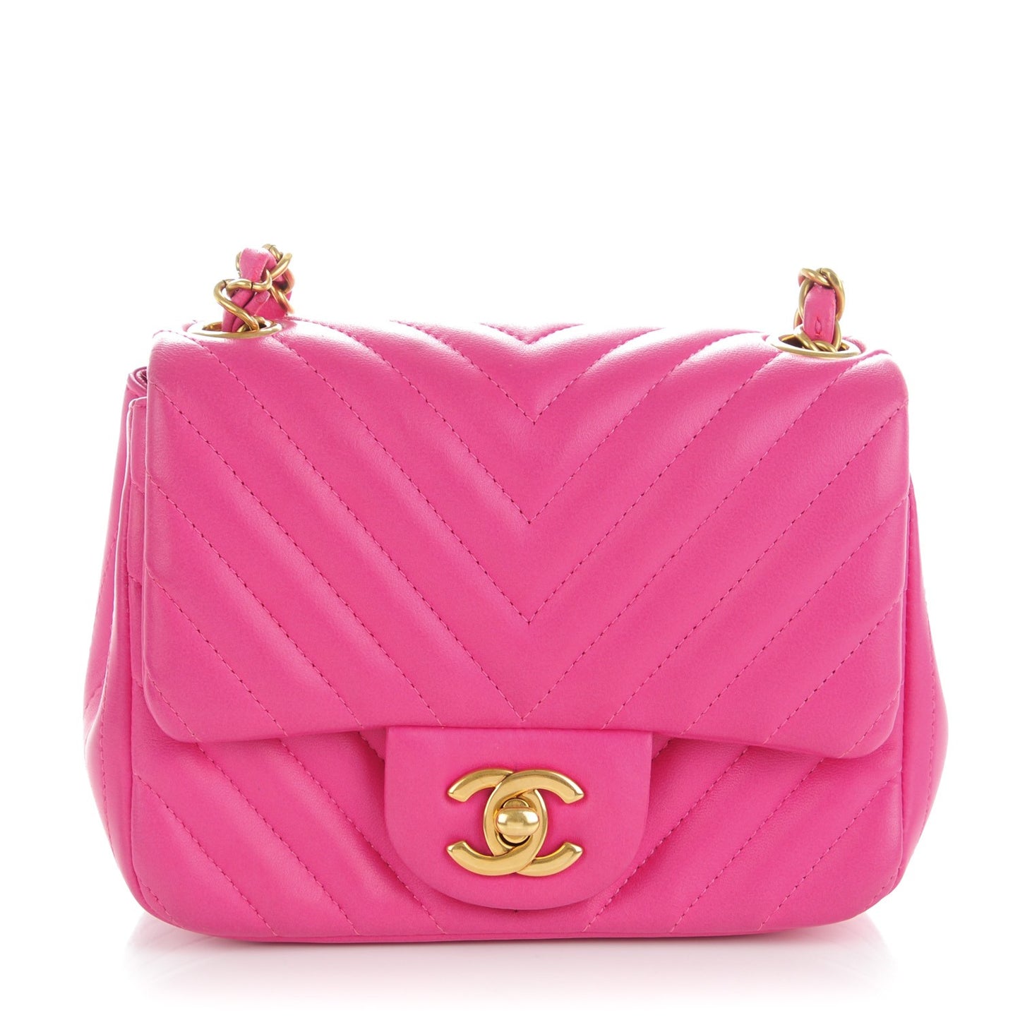 Lambskin Chevron Quilted Mini Square Flap Fuchsia