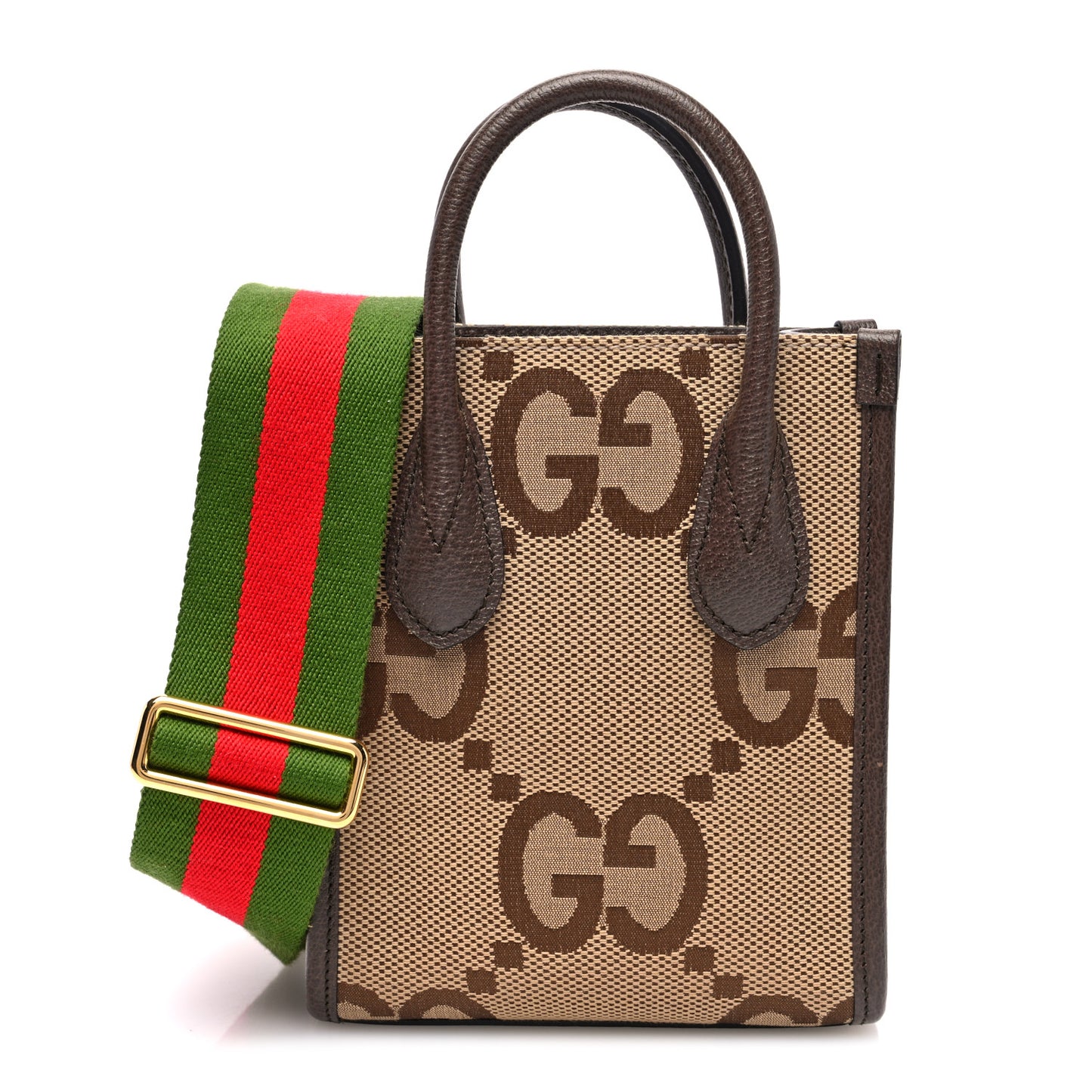 Monogram Jumbo GG Textured Dollar Calfskin Web Mini Vertical Tote Camel Ebony New Acero