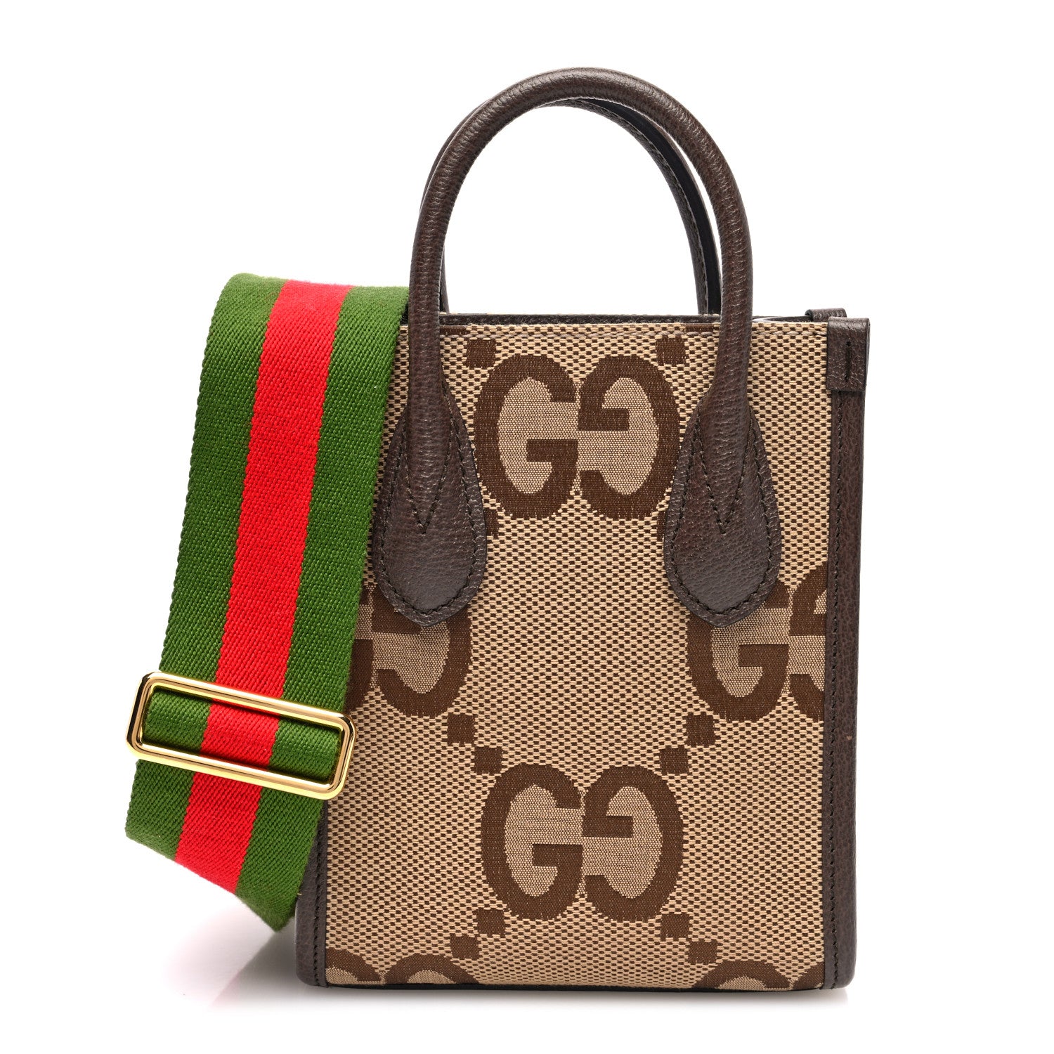 Gucci Monogram Jumbo GG Textured Dollar Calfskin Web Mini Vertical Tote Camel Ebony New Acero 1 of 10