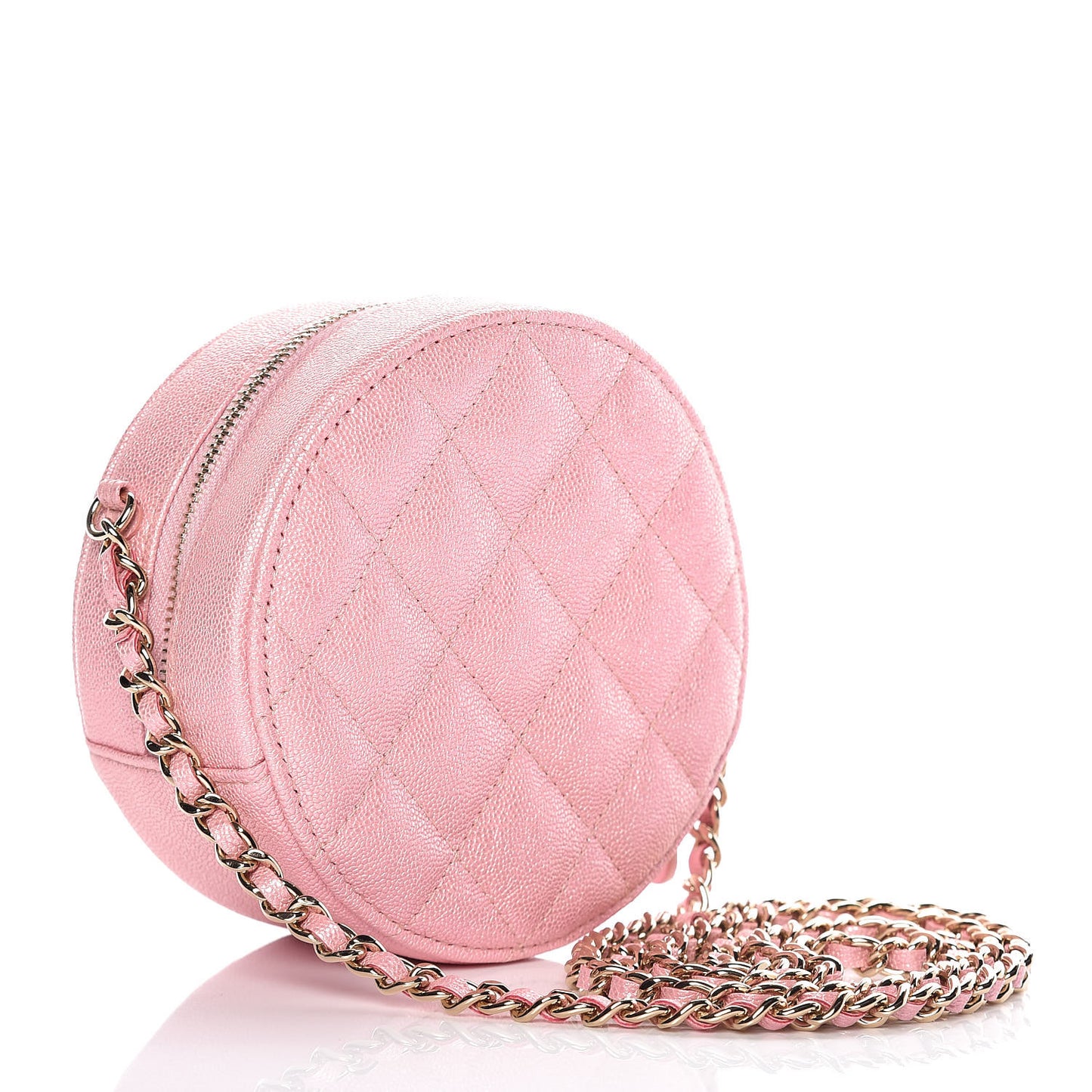 Iridescent Caviar Quilted Round Clutch With Chain Pink