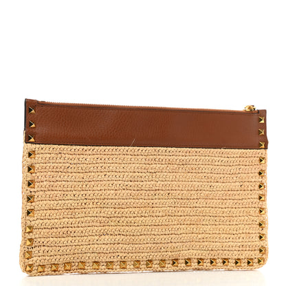 Valentino Garavani Raffia Calfskin Large Rockstud Zip Pouch Naturale Saddle Brown 3 of 6