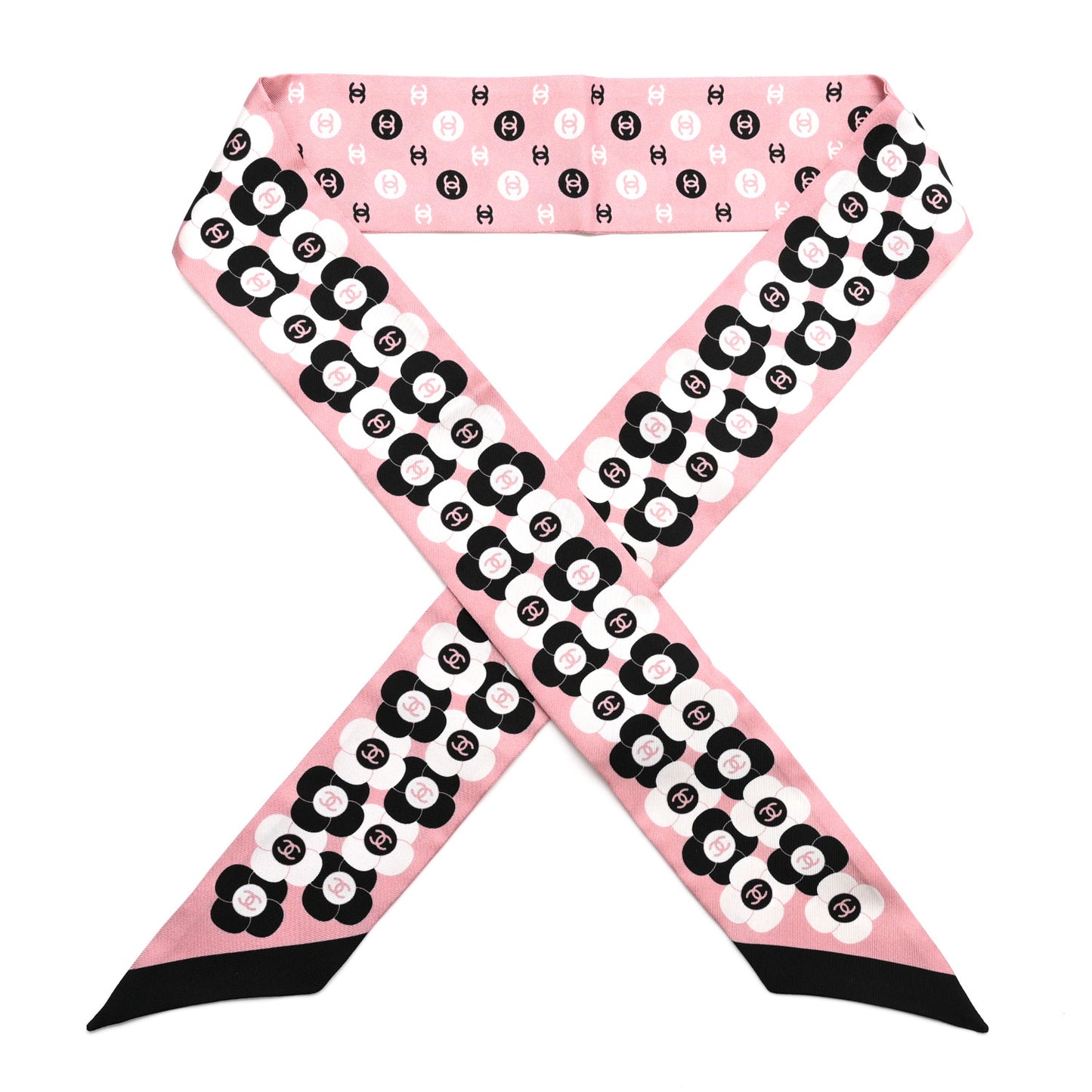 Silk Slim Reversible Camellia CC Bandeau Scarf Black White Pink