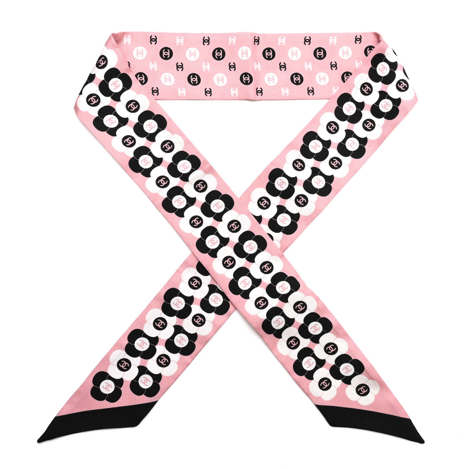 Chanel Silk Slim Reversible Camellia CC Bandeau Scarf Black White Pink 1 of 4