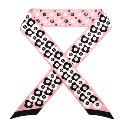 Chanel Silk Slim Reversible Camellia CC Bandeau Scarf Black White Pink 1 of 4
