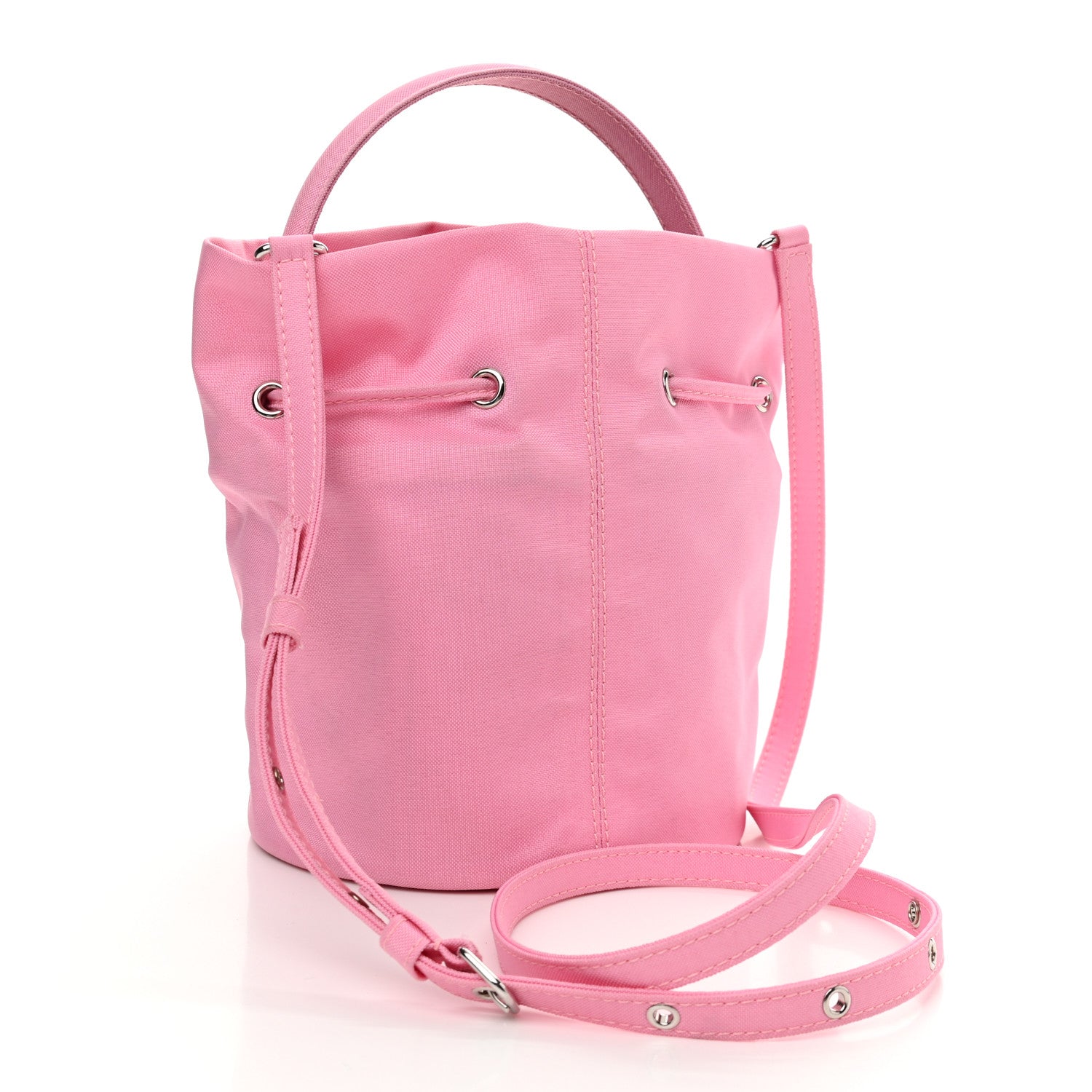Balenciaga Recycled Sport Nylon Logo Embroidered Wheel Drawstring Bucket Bag XS Pink White 3 of 10
