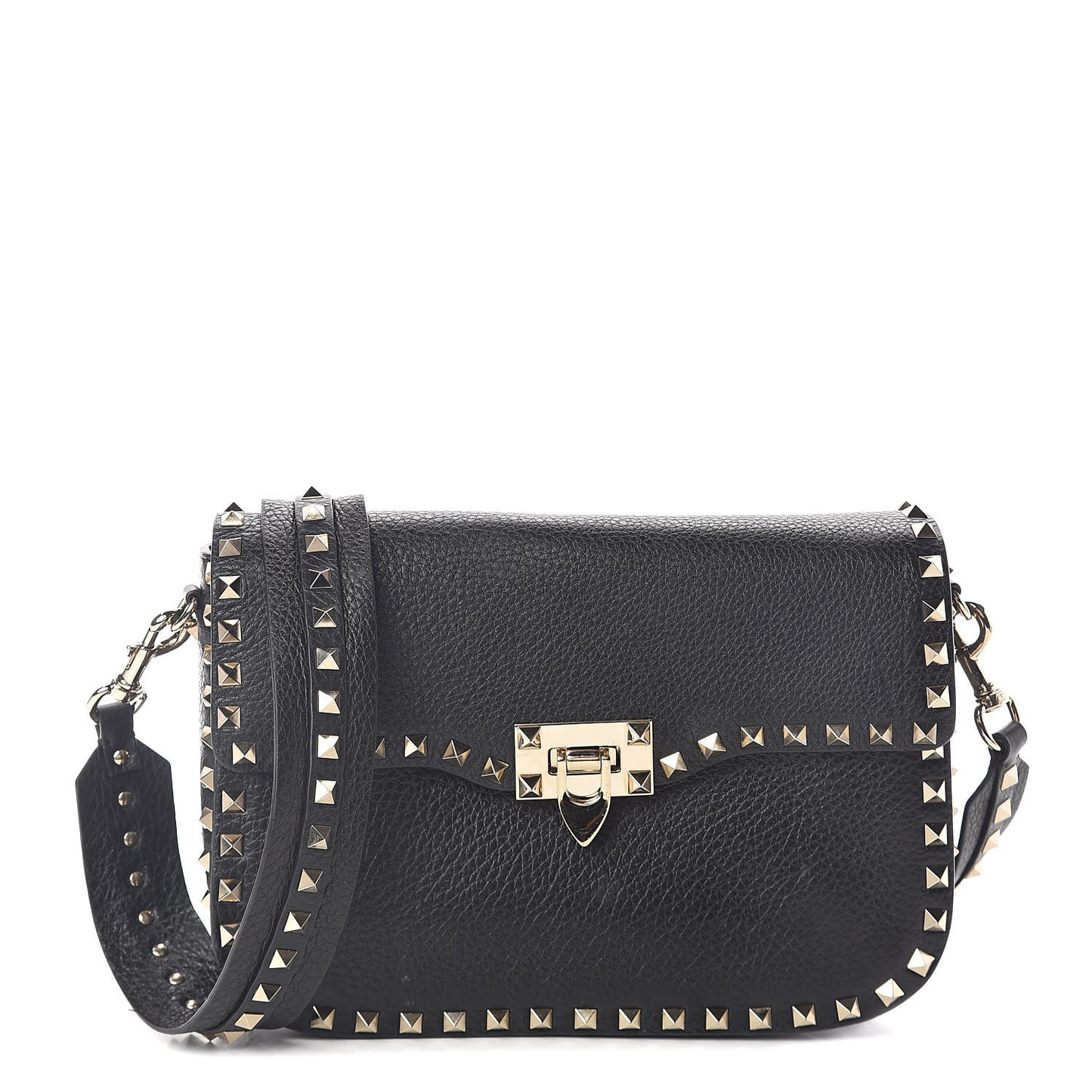 Pebbled Calfskin Medium Rockstud Flap Saddle Bag Black