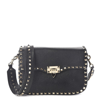 Valentino Garavani Pebbled Calfskin Medium Rockstud Flap Saddle Bag Black 1 of 8