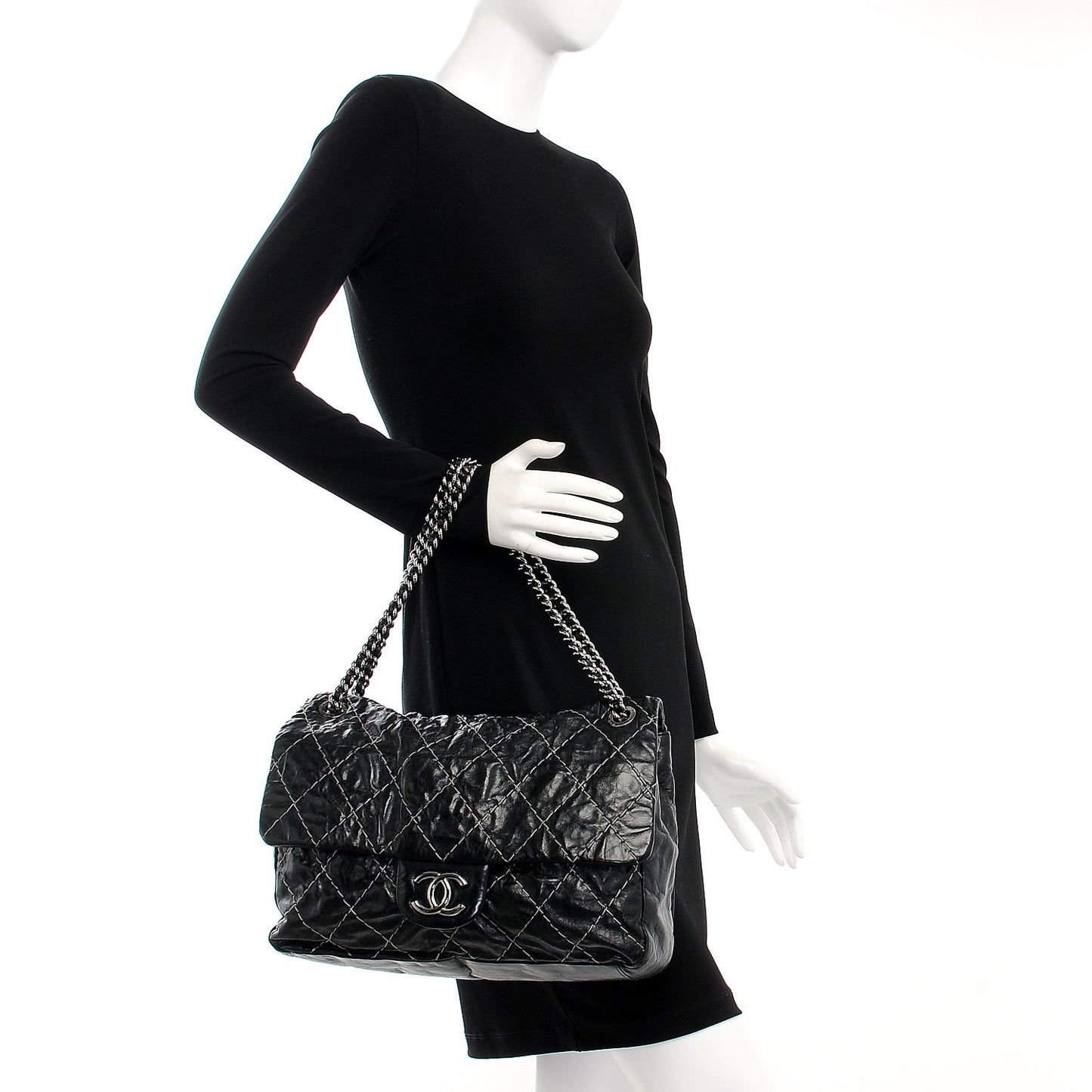 Glazed Goatskin Double Stitch Maxi Flap Black