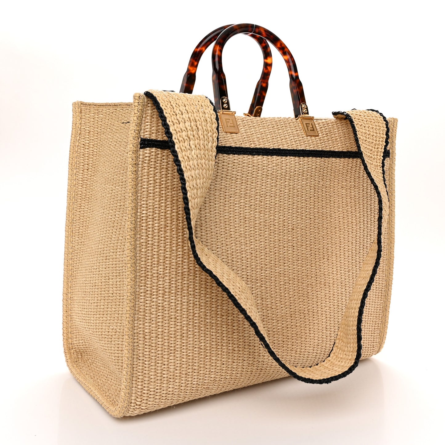 Straw Vitello King Plexiglass Woven Medium Fendi Sunshine Shopper Tote Natural Black