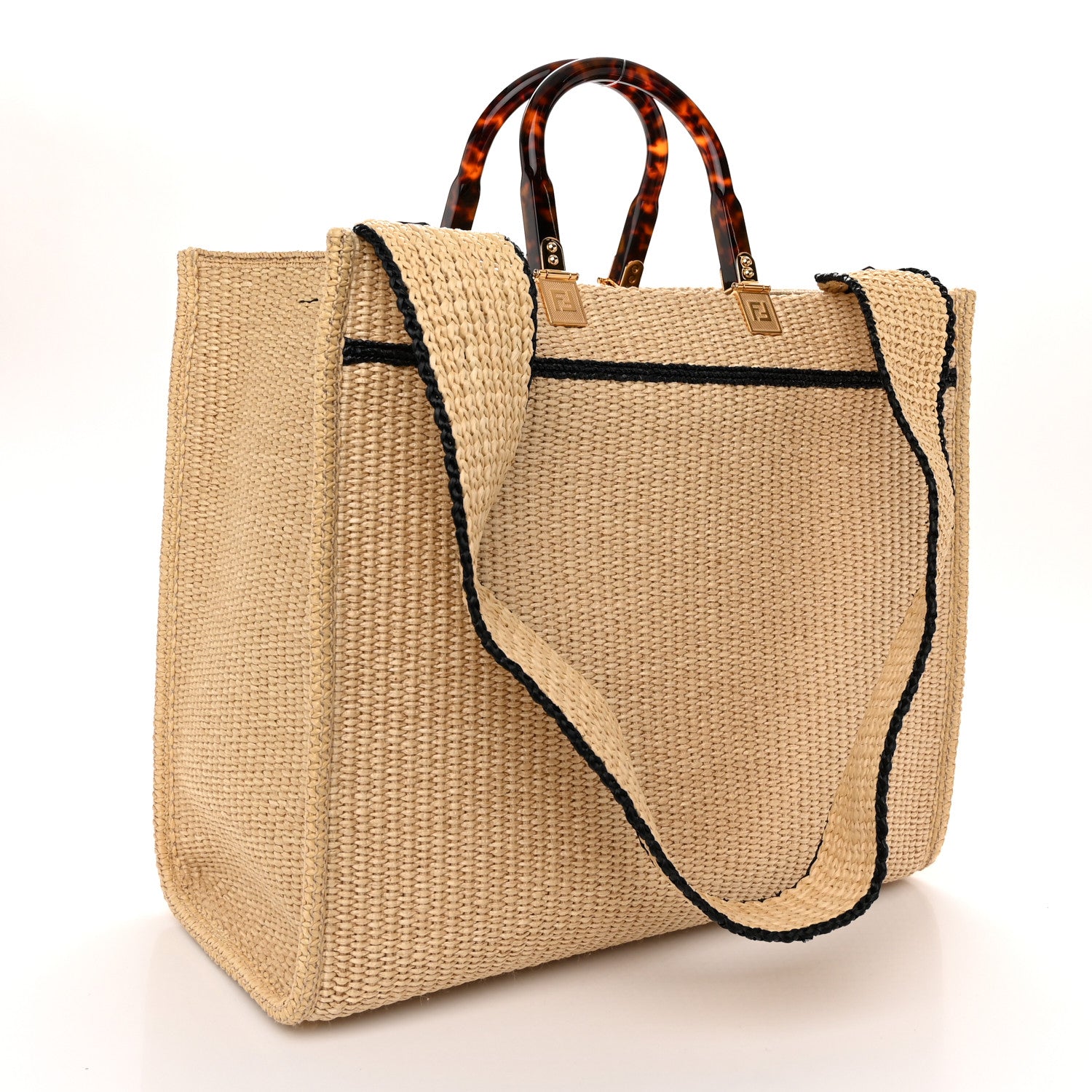Fendi Straw Vitello King Plexiglass Woven Medium Fendi Sunshine Shopper Tote Natural Black 3 of 10