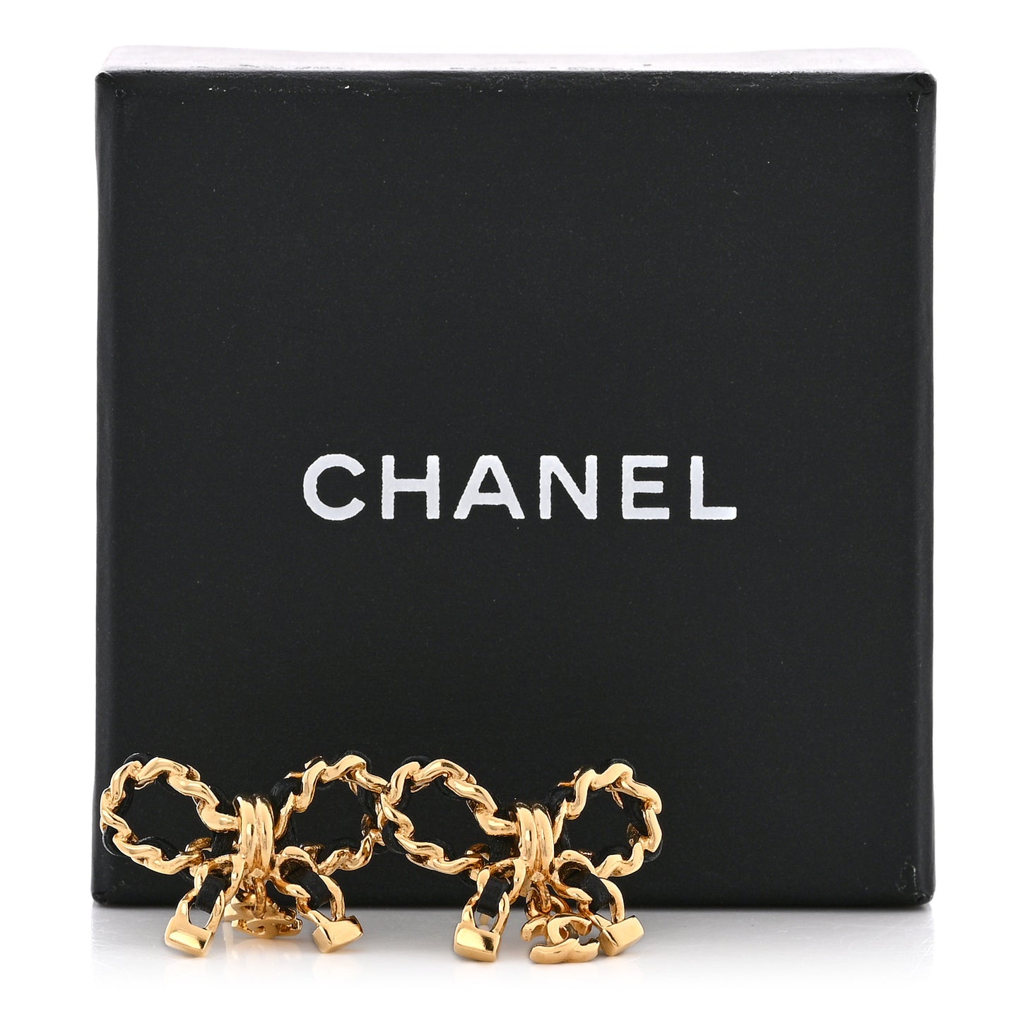 Lambskin Chain Bow Stud Earrings Black Gold