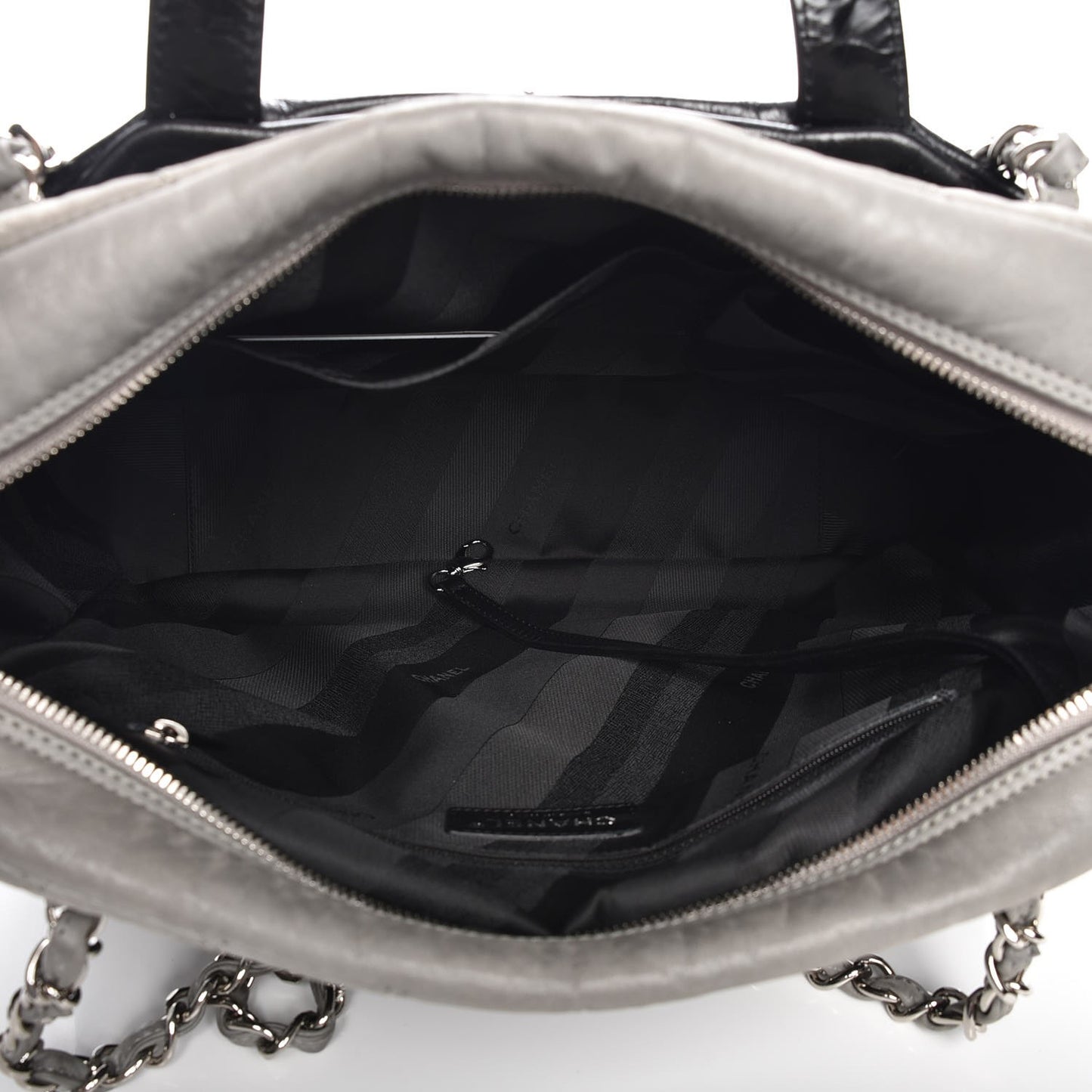 Glazed Calfskin Lambskin Quilted Portobello Tote Black Grey