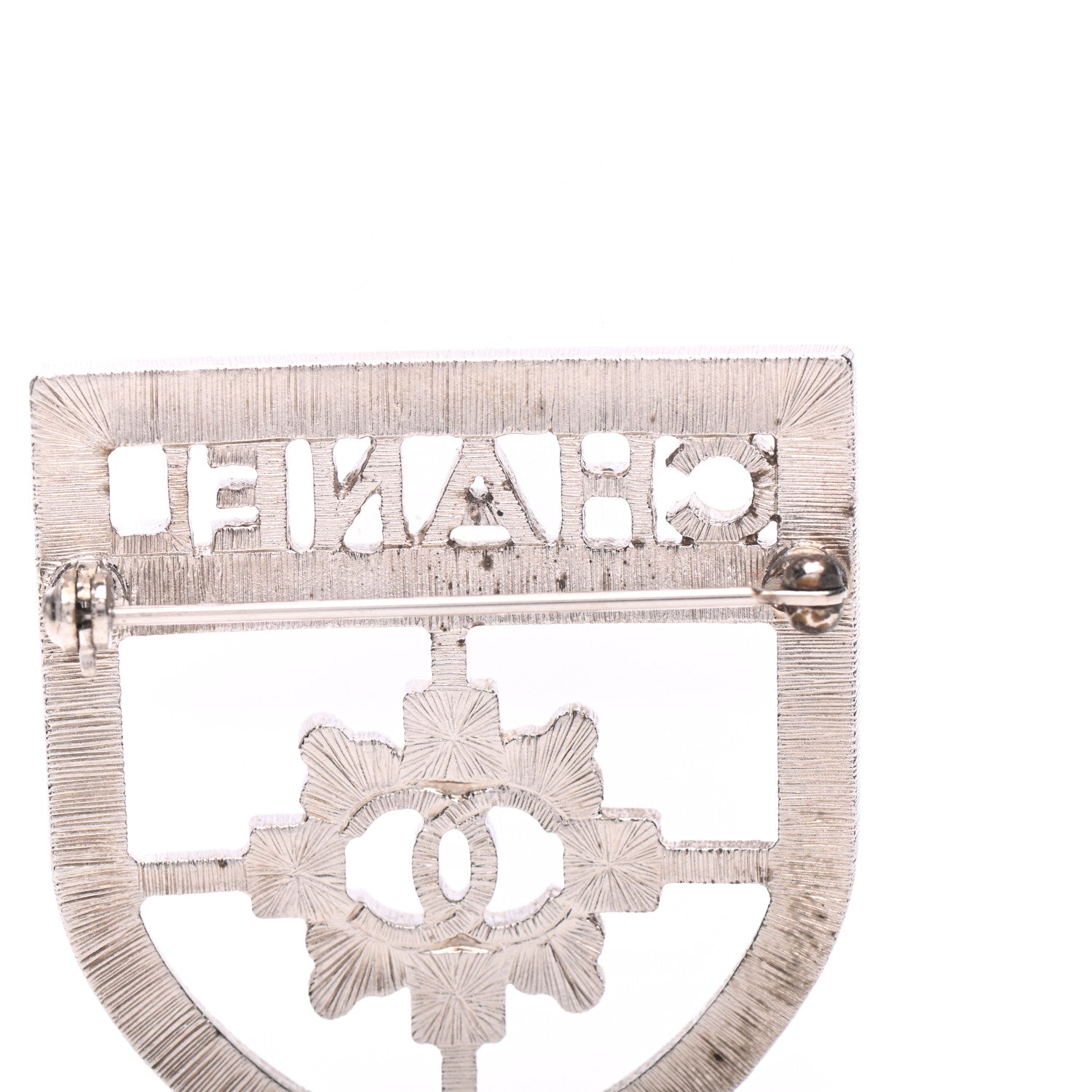 Chanel Swarovski Baguette Crystal CC Shield Brooch Silver 5 of 6