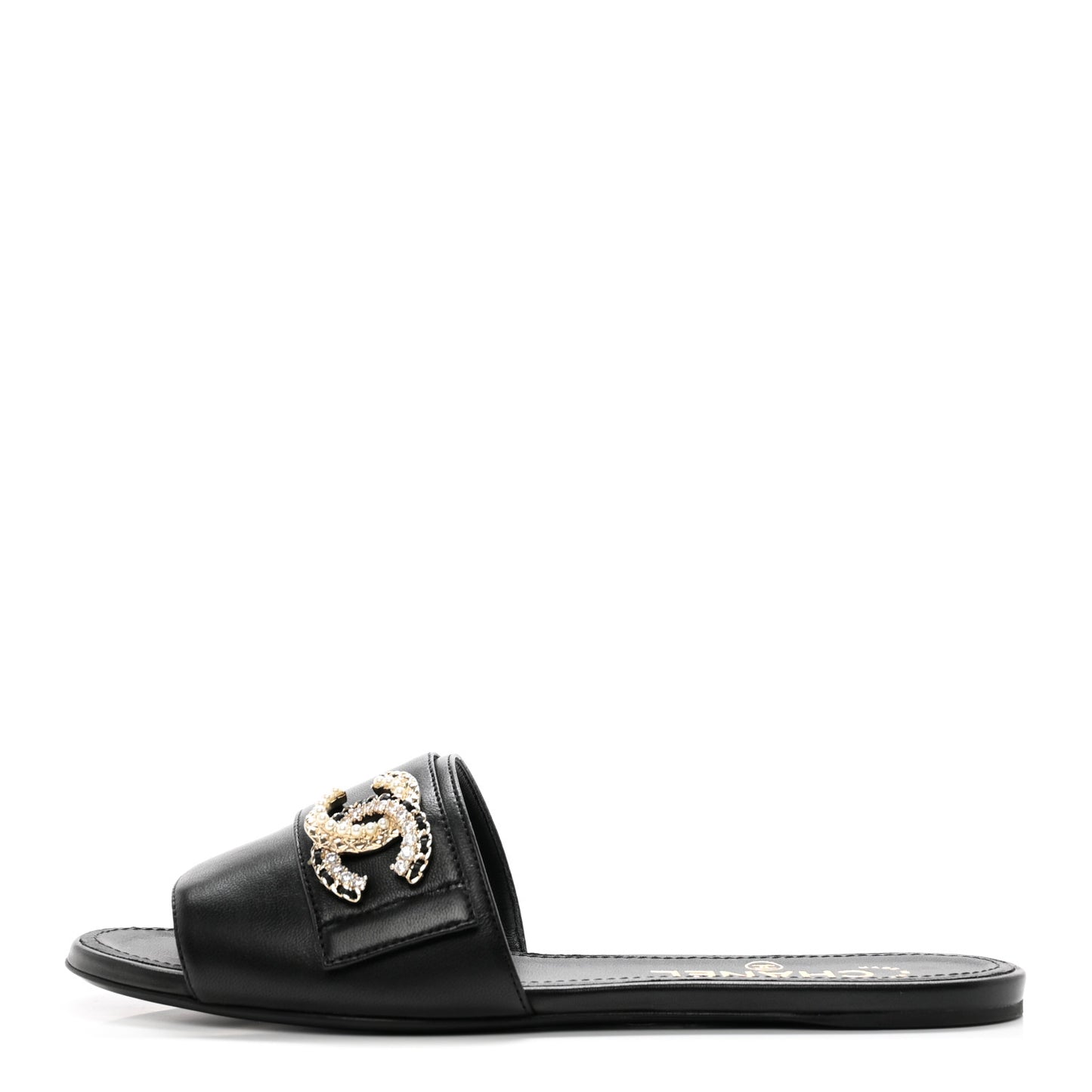 Lambskin Pearl Crystal CC Mules Sandals 37 Black