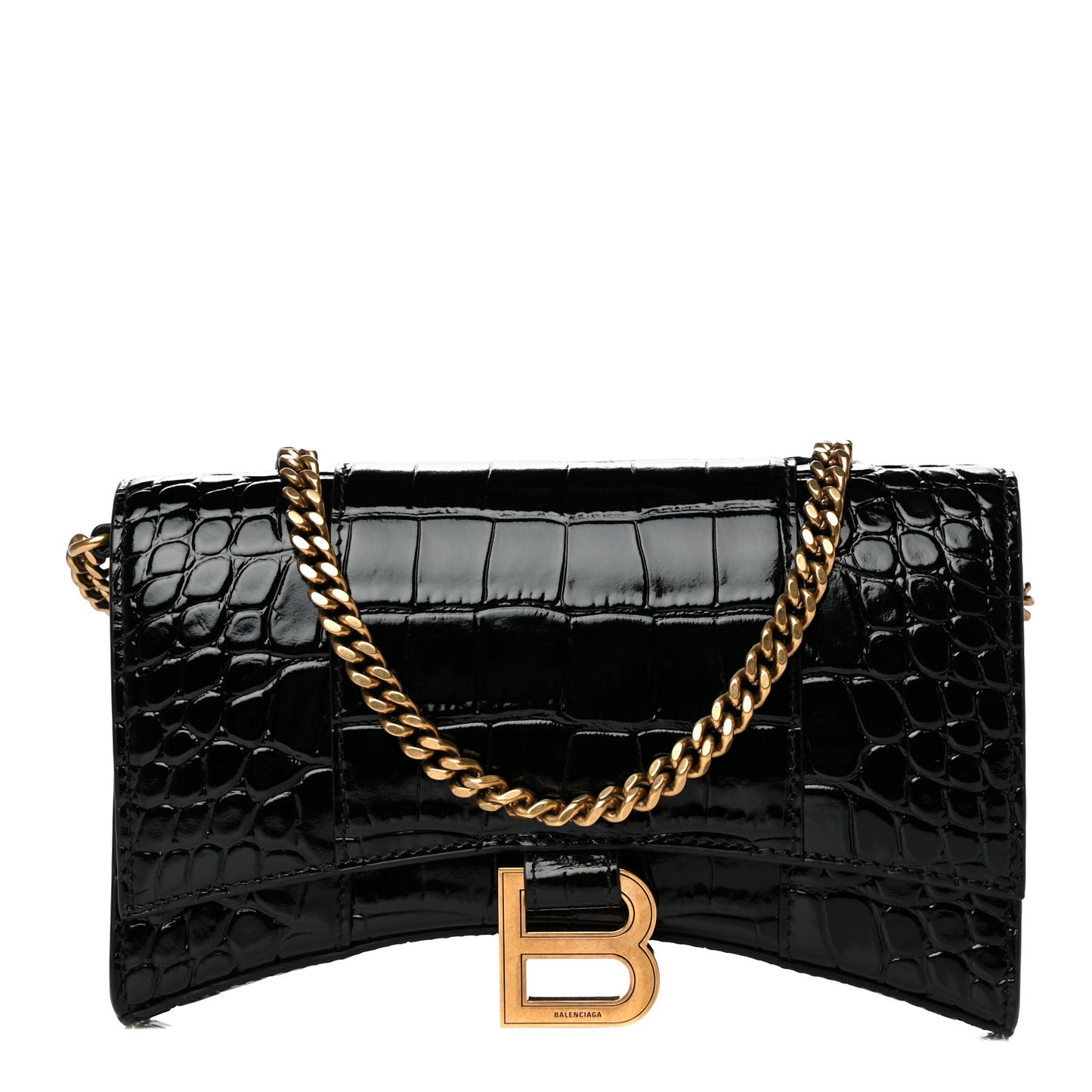 Shiny Calfskin Crocodile Embossed Hourglass Chain Bag Black