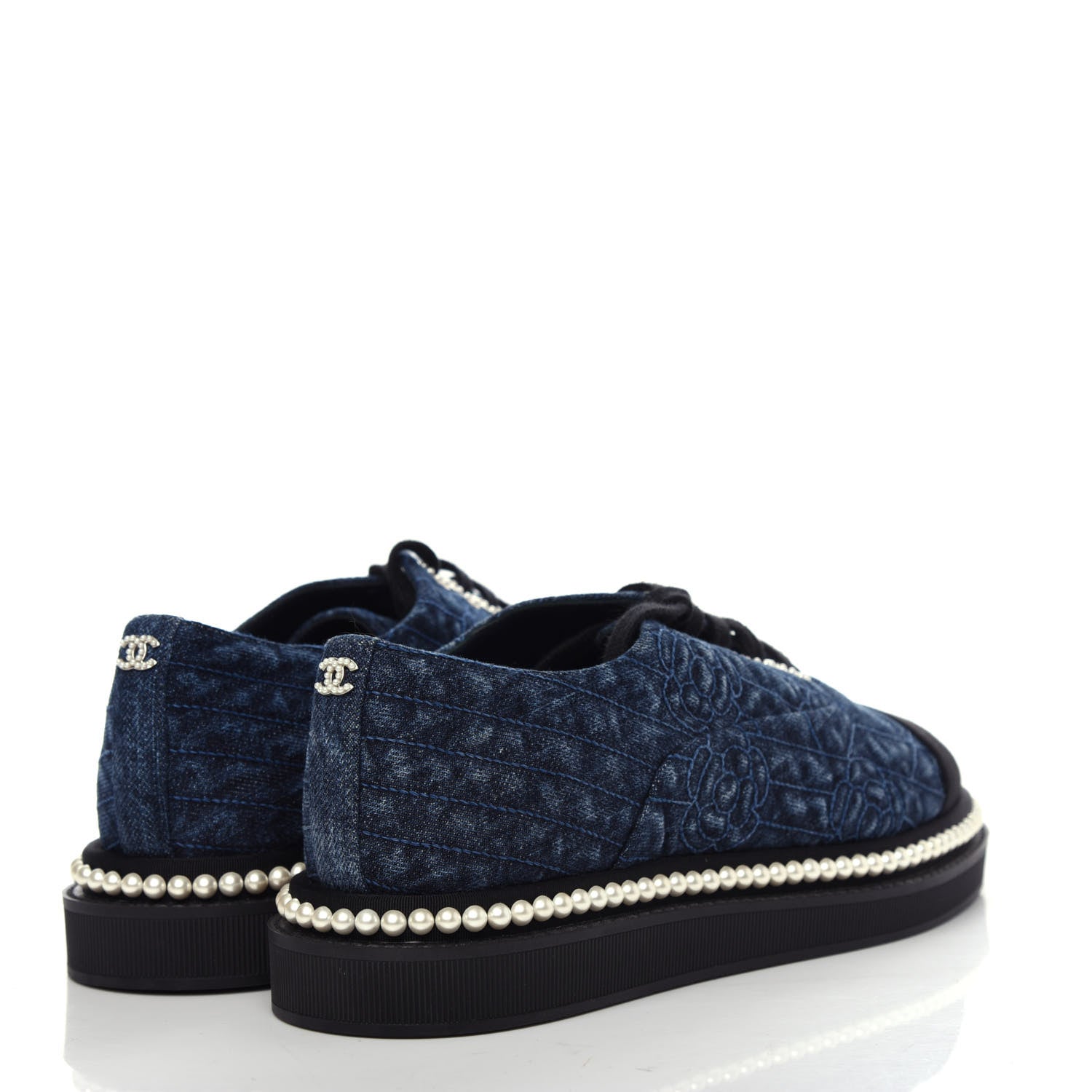 Chanel Denim Grosgrain Camellia Pearl Lace Up Sneakers 37 Blue Black 4 of 10