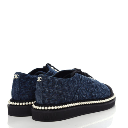 Chanel Denim Grosgrain Camellia Pearl Lace Up Sneakers 37 Blue Black 4 of 10