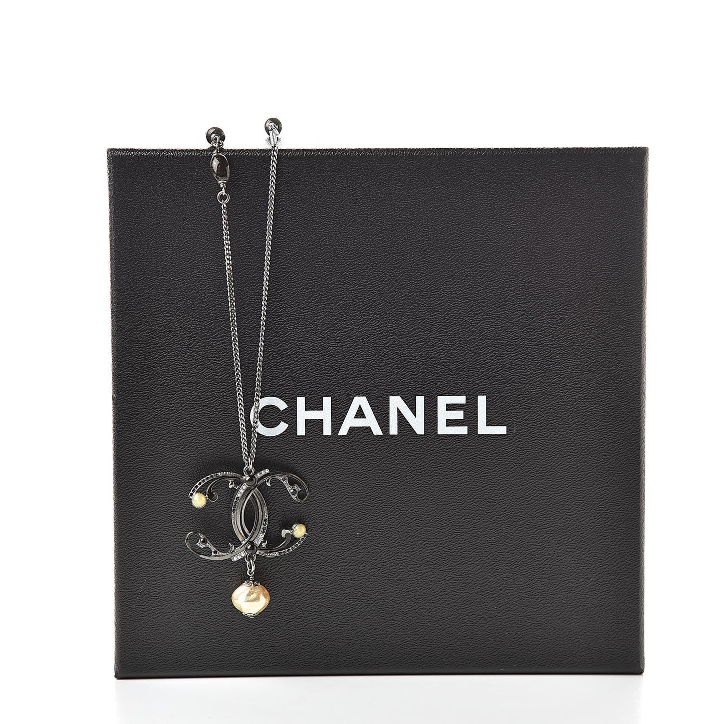 Pearl Beaded Enamel CC Long Necklace Black Silver