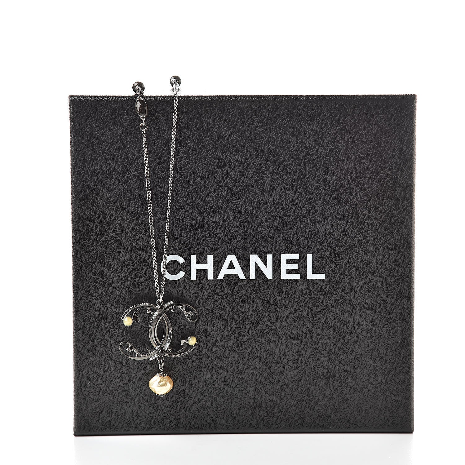 Chanel Pearl Beaded Enamel CC Long Necklace Black Silver 6 of 6